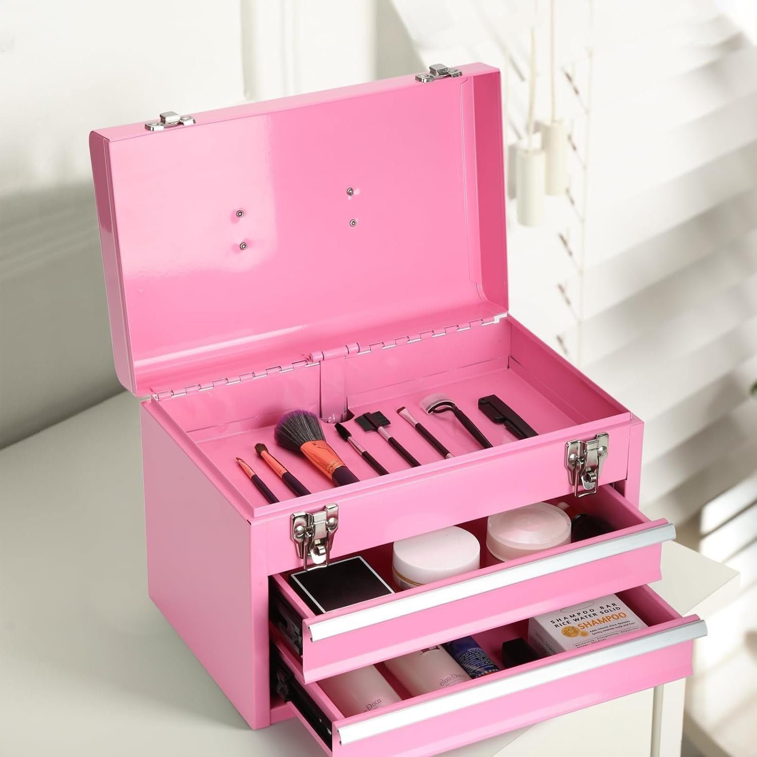 14 Inch Steel Portable Tool Box with drawers - Tool Storage Box Organizer with Metal Latch Closur - Powder Coated Toolbox Chest for Tools Storage Cabinet (PINK) 14 Inch Steel Portable Tool Box with drawers - Tool Storage Box Organizer with Metal Latch Closur - Powder Coated Toolbox Chest for Tools Storage Cabinet (PINK)