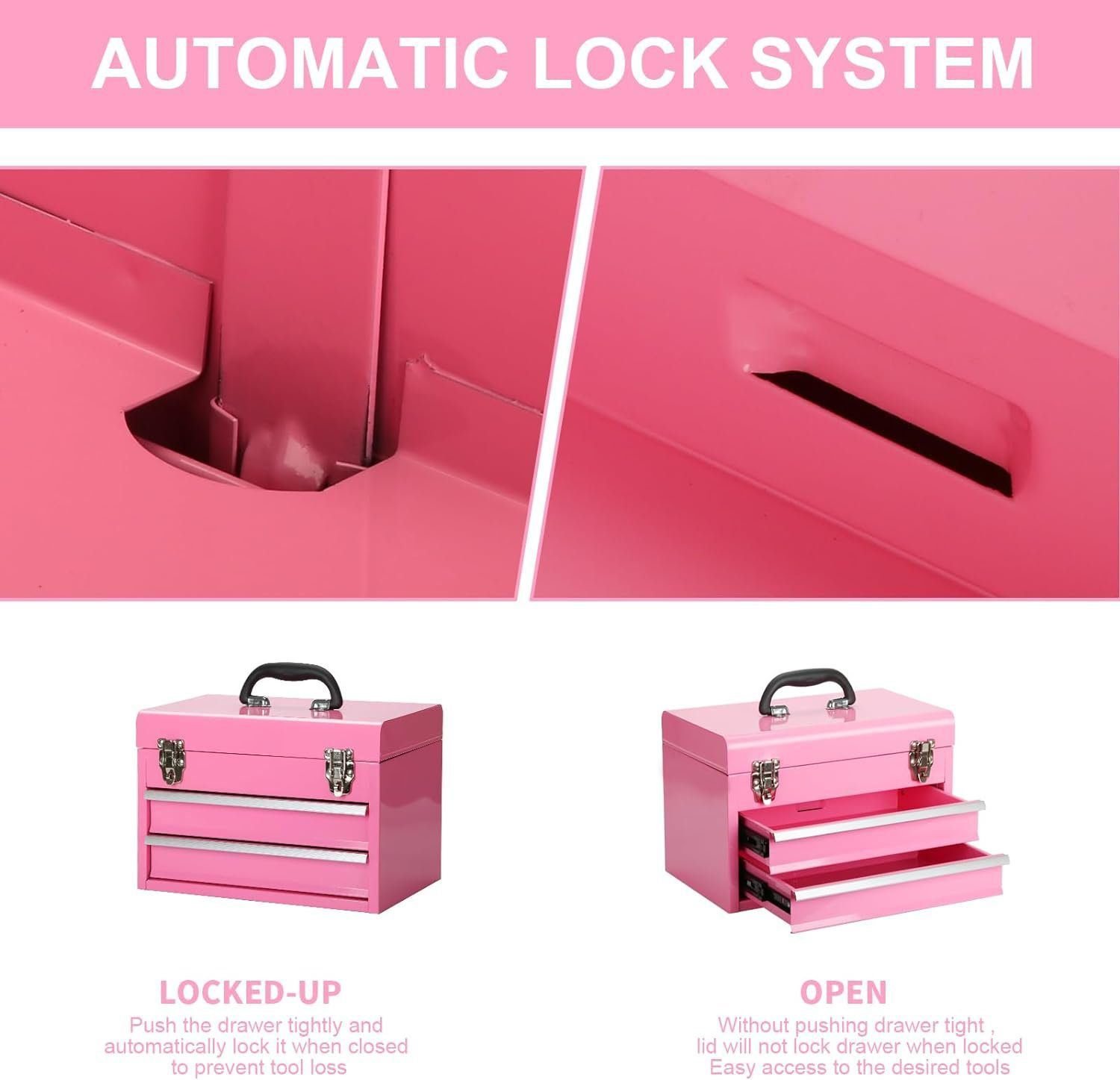 14 Inch Steel Portable Tool Box with drawers - Tool Storage Box Organizer with Metal Latch Closur - Powder Coated Toolbox Chest for Tools Storage Cabinet (PINK) 14 Inch Steel Portable Tool Box with drawers - Tool Storage Box Organizer with Metal Latch Closur - Powder Coated Toolbox Chest for Tools Storage Cabinet (PINK)