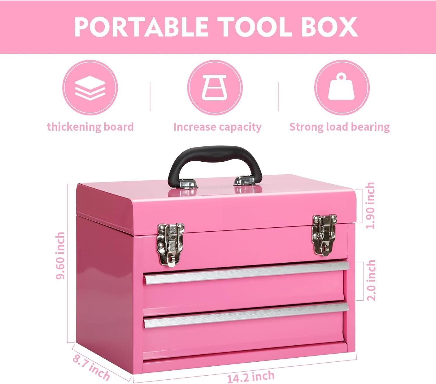 14 Inch Steel Portable Tool Box with drawers - Tool Storage Box Organizer with Metal Latch Closur - Powder Coated Toolbox Chest for Tools Storage Cabinet (PINK) 14 Inch Steel Portable Tool Box with drawers - Tool Storage Box Organizer with Metal Latch Closur - Powder Coated Toolbox Chest for Tools Storage Cabinet (PINK)