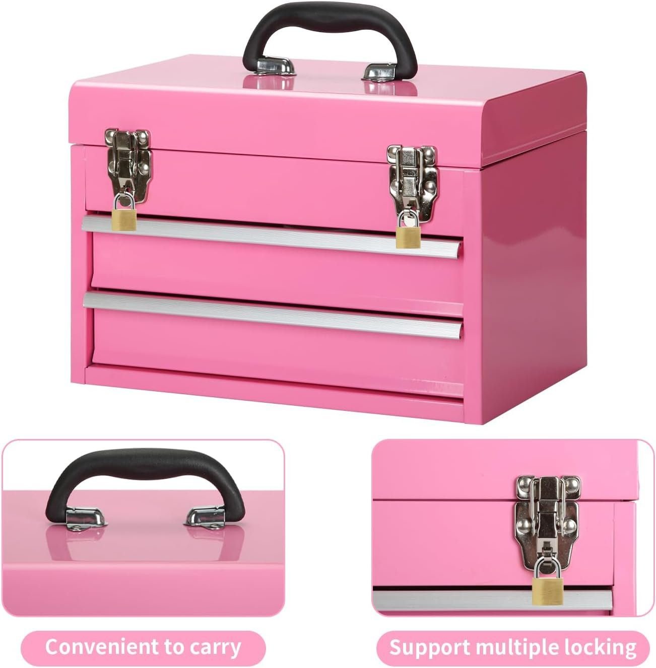 14 Inch Steel Portable Tool Box with drawers - Tool Storage Box Organizer with Metal Latch Closur - Powder Coated Toolbox Chest for Tools Storage Cabinet (PINK) 14 Inch Steel Portable Tool Box with drawers - Tool Storage Box Organizer with Metal Latch Closur - Powder Coated Toolbox Chest for Tools Storage Cabinet (PINK)