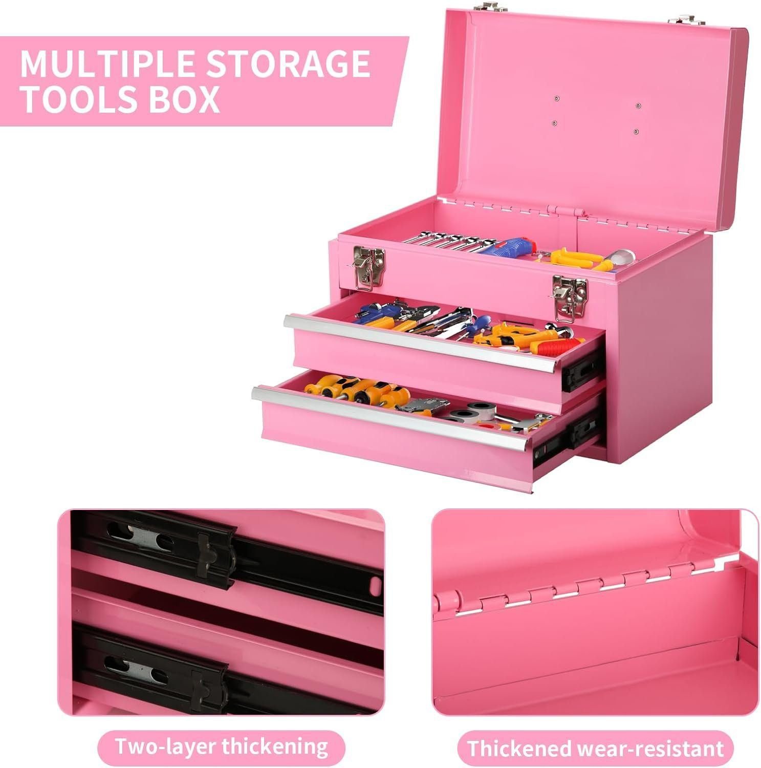 14 Inch Steel Portable Tool Box with drawers - Tool Storage Box Organizer with Metal Latch Closur - Powder Coated Toolbox Chest for Tools Storage Cabinet (PINK) 14 Inch Steel Portable Tool Box with drawers - Tool Storage Box Organizer with Metal Latch Closur - Powder Coated Toolbox Chest for Tools Storage Cabinet (PINK)