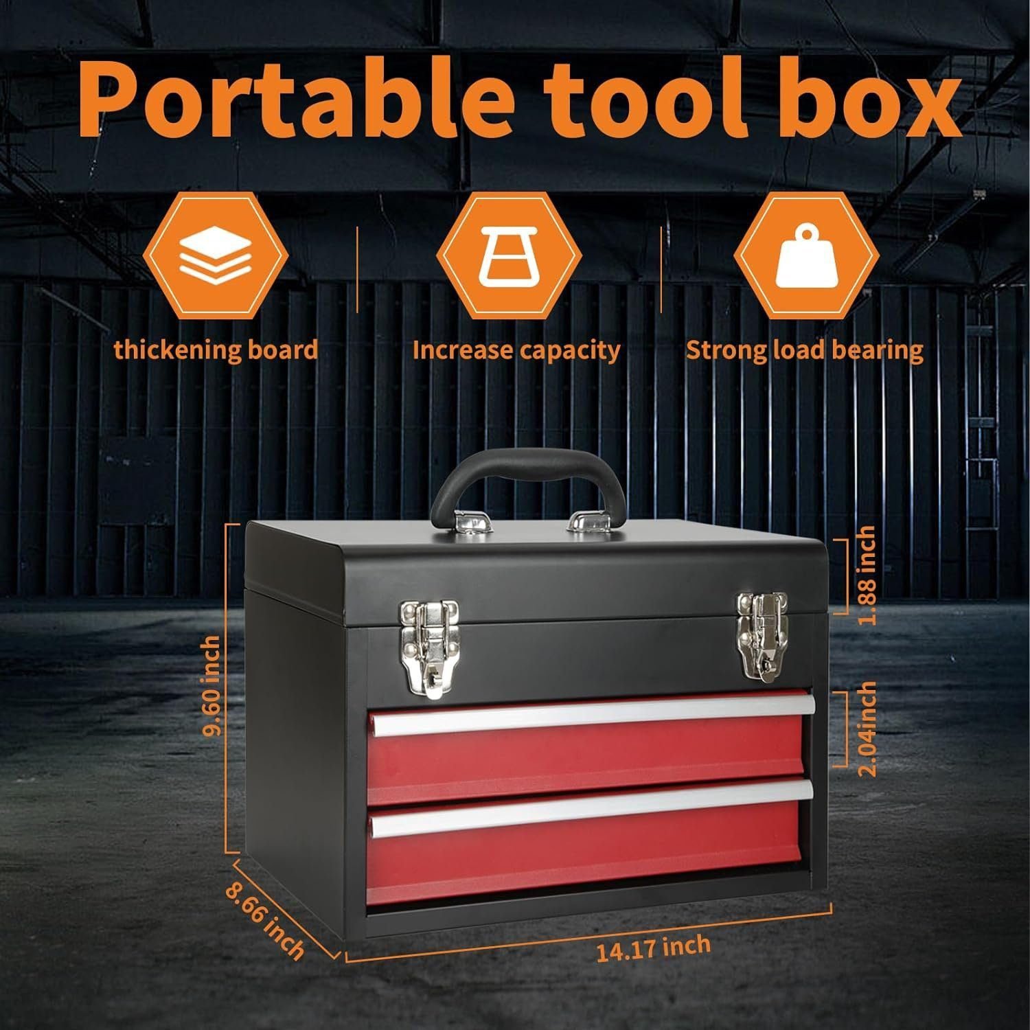 2 Drawers Portable Steel Tool Box with Metal Latch Closure - Black Hand Carry Metal 14“ Tool Chest Case Organizer for Tools Storage Cabinet - Powder Coated Toolbox Chest (EXCLUDING TOOLS) 2 Drawers Portable Steel Tool Box with Metal Latch Closure - Black Hand Carry Metal 14“ Tool Chest Case Organizer for Tools Storage Cabinet - Powder Coated Toolbox Chest (EXCLUDING TOOLS)
