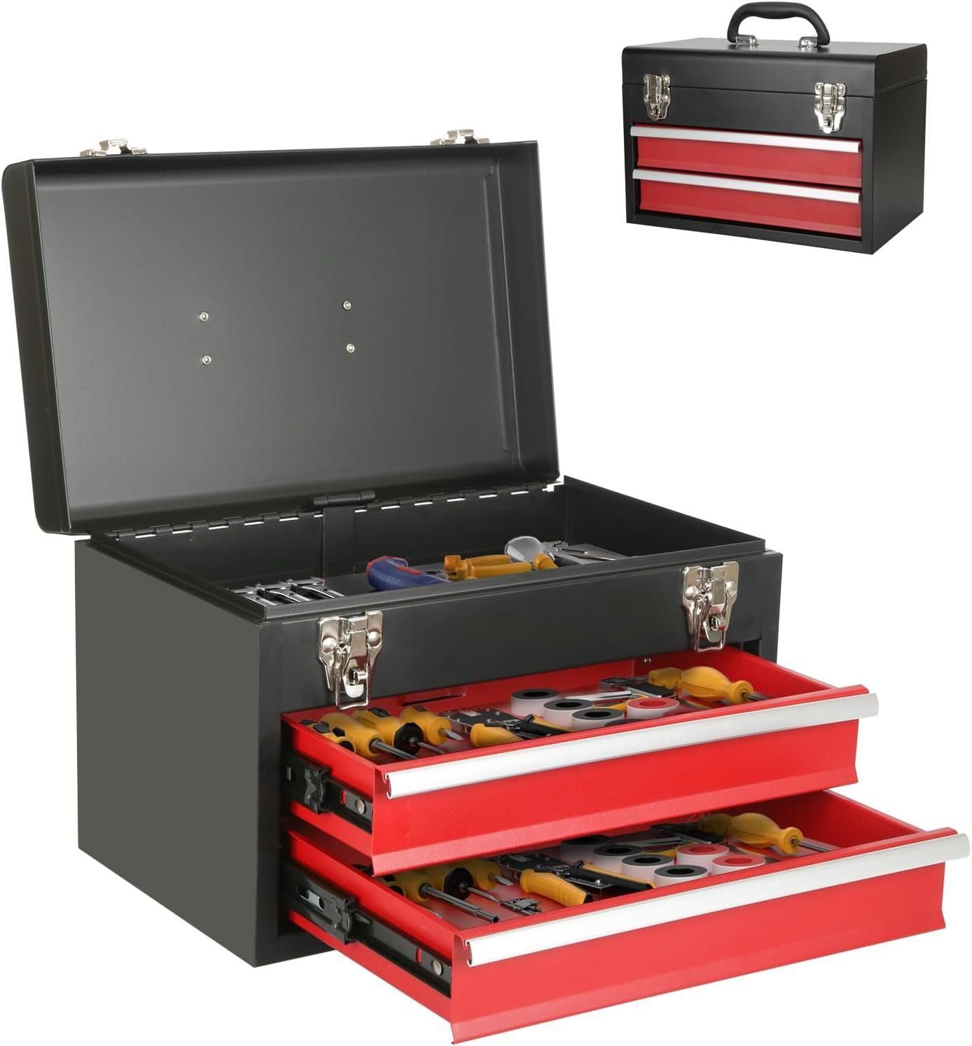 2 Drawers Portable Steel Tool Box with Metal Latch Closure - Black Hand Carry Metal 14“ Tool Chest Case Organizer for Tools Storage Cabinet - Powder Coated Toolbox Chest (EXCLUDING TOOLS) 2 Drawers Portable Steel Tool Box with Metal Latch Closure - Black Hand Carry Metal 14“ Tool Chest Case Organizer for Tools Storage Cabinet - Powder Coated Toolbox Chest (EXCLUDING TOOLS)