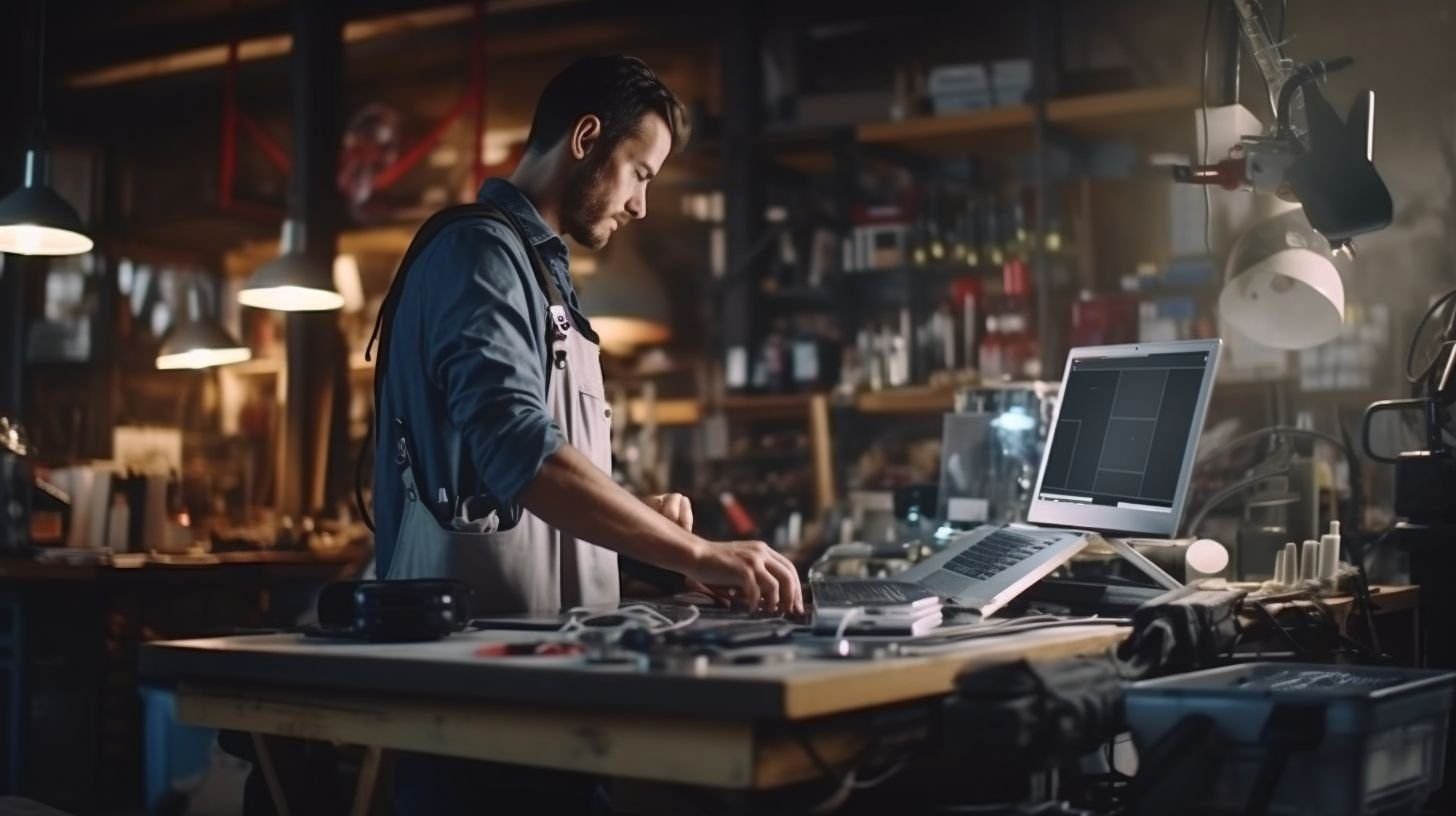 A modern workshop featuring a high-tech electronic tool belt. A modern workshop featuring a high-tech electronic tool belt.