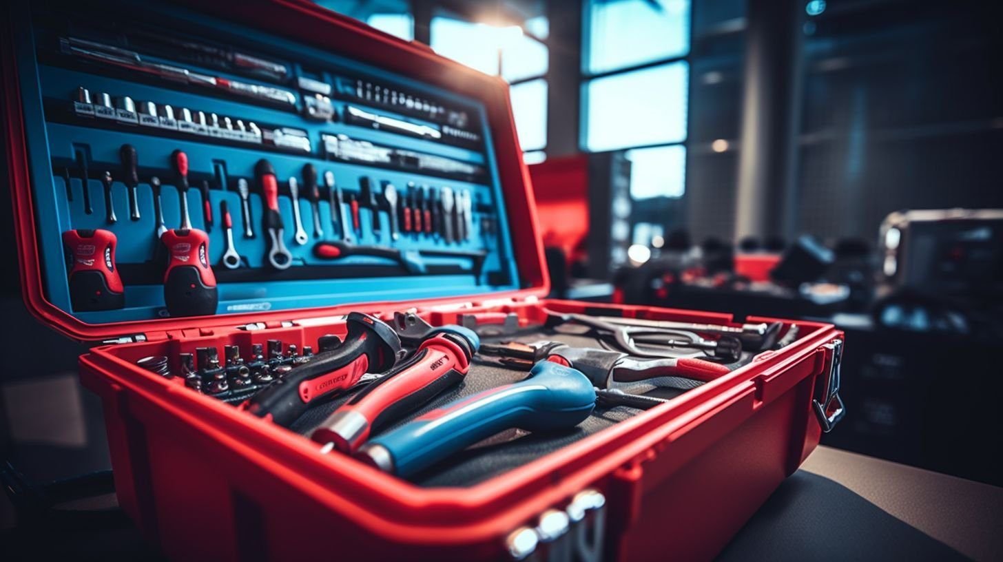 A neatly organized toolbox with essential electrical tools in a workshop. A neatly organized toolbox with essential electrical tools in a workshop.