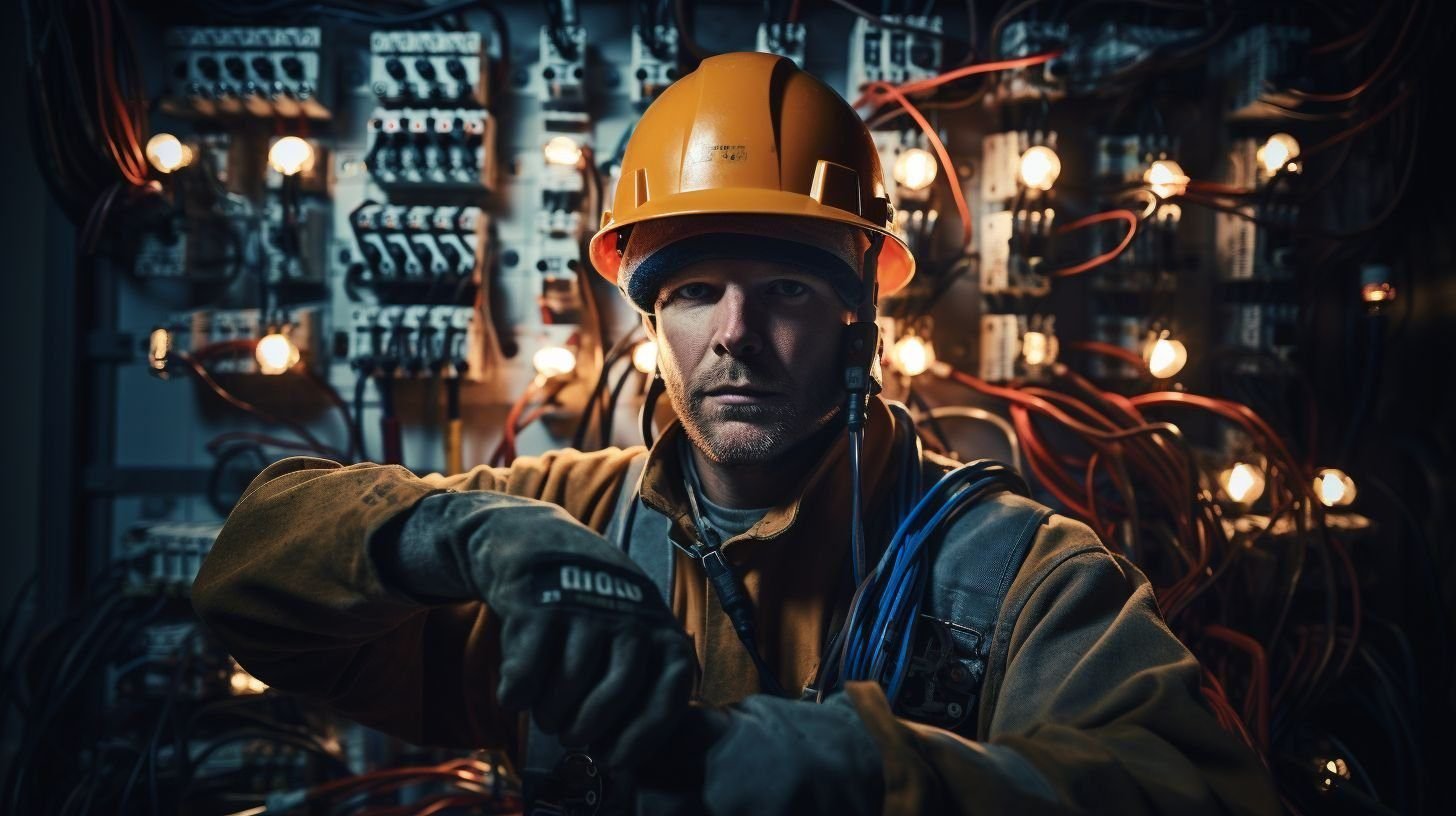 An electrician in safety gear surrounded by electrical tools and equipment. An electrician in safety gear surrounded by electrical tools and equipment.