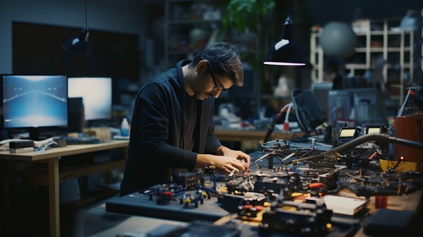 A futuristic workshop uses advanced tools and drones for electrical analysis. A futuristic workshop uses advanced tools and drones for electrical analysis.
