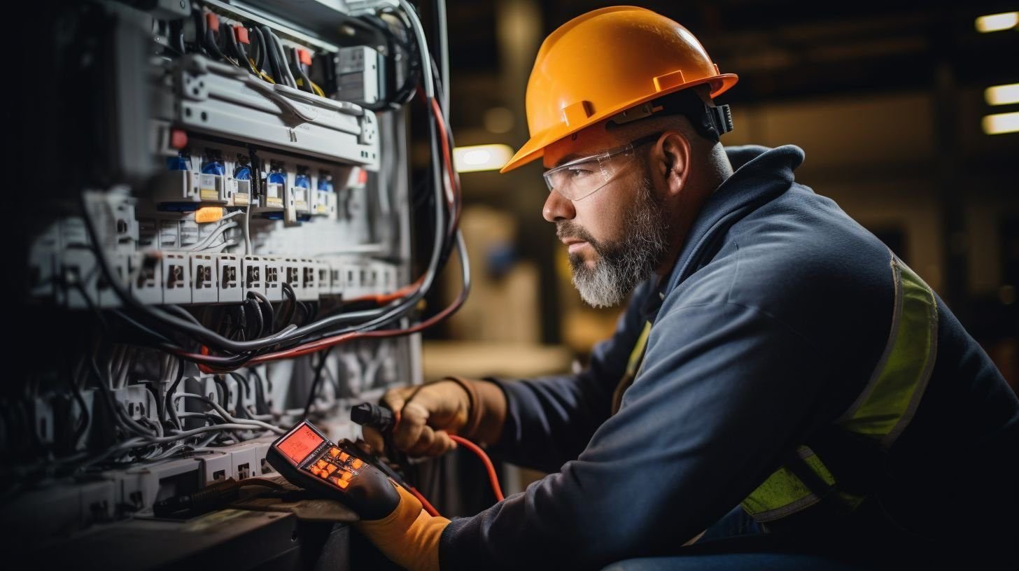 A confident electrician using insulated tools in an industrial setting. A confident electrician using insulated tools in an industrial setting.