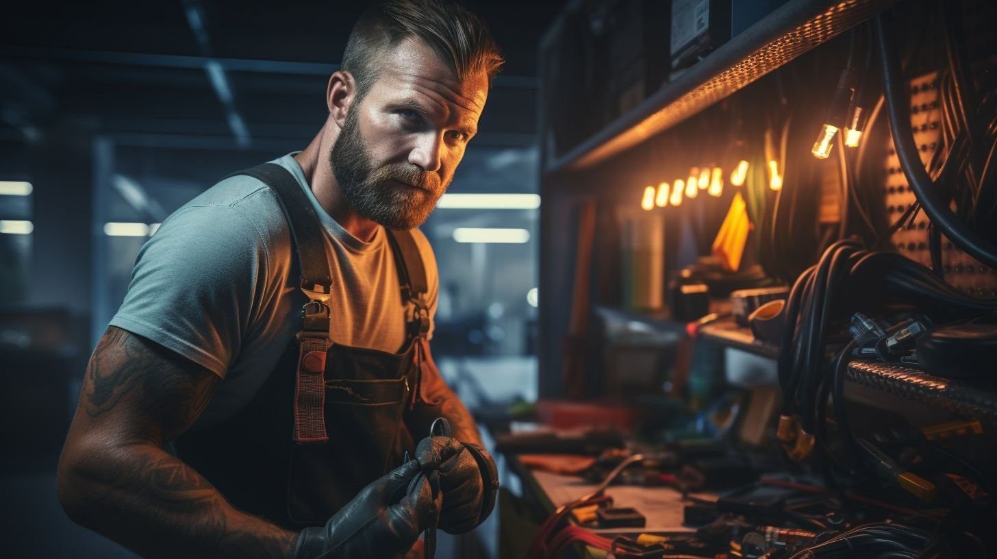 A professional electrician wearing a tool belt in a workshop. A professional electrician wearing a tool belt in a workshop.