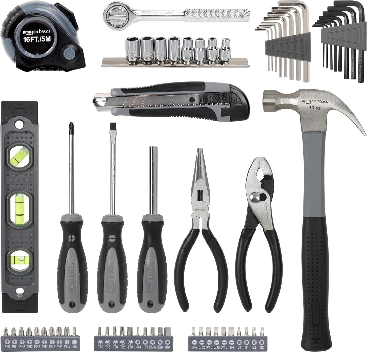 Amazon Basics 65 Piece Home Basic Repair Tool Kit Set With Bag, Silver, Black Amazon Basics 65 Piece Home Basic Repair Tool Kit Set With Bag, Silver, Black
