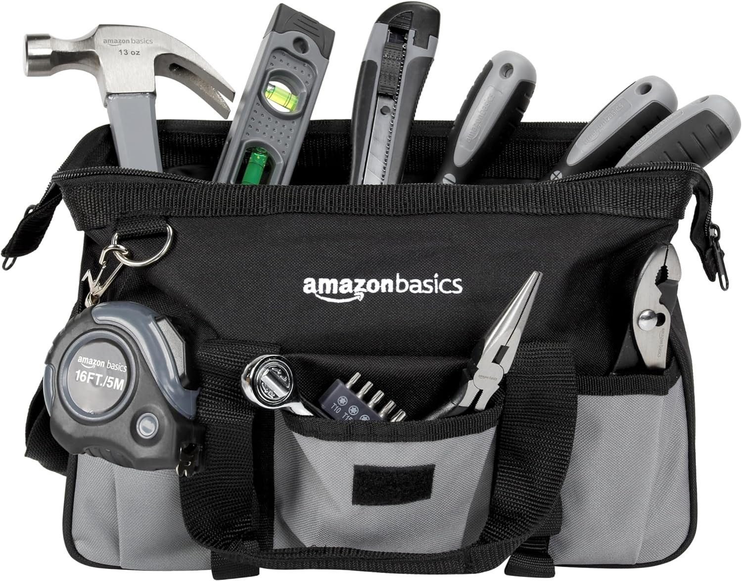 Amazon Basics 65 Piece Home Basic Repair Tool Kit Set With Bag, Silver, Black Amazon Basics 65 Piece Home Basic Repair Tool Kit Set With Bag, Silver, Black
