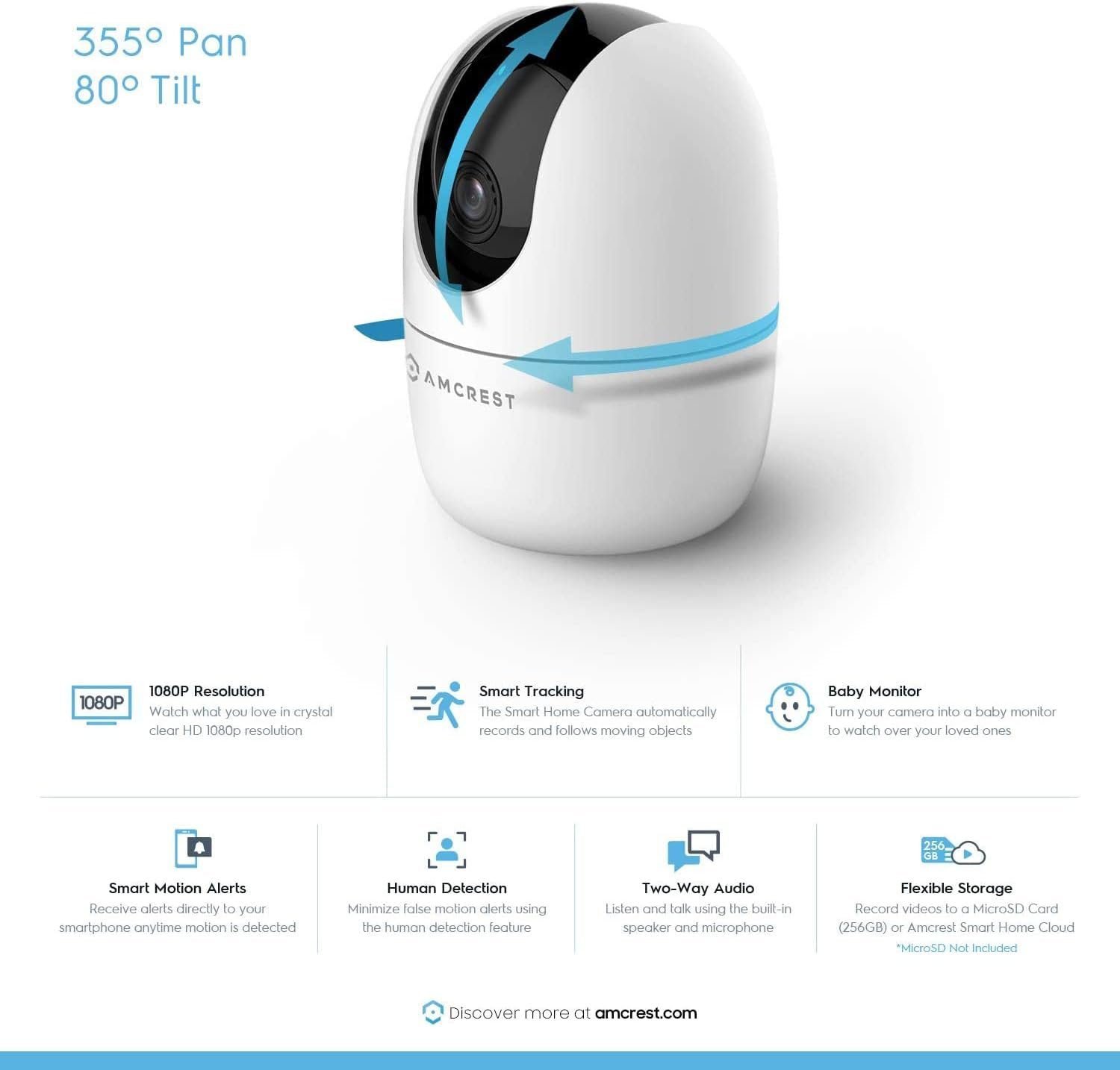 Amcrest 1080P WiFi Camera Indoor, Nanny Cam, Dog Camera, Sound  Baby Monitor, Human  Pet Detection, Motion-Tracking, 2.4Ghz Only, Pan/Tilt Wireless IP Camera, Night Vision, Smart Home ASH21-B