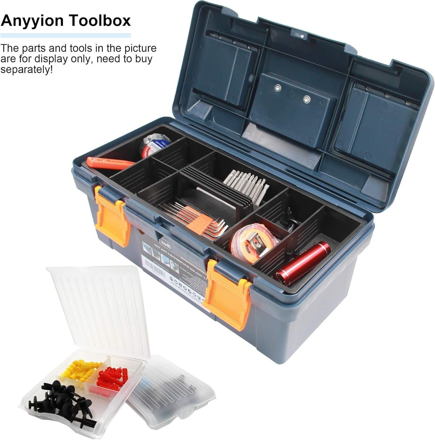 Anyyion 16.5-inch Tool Box with Removable Tray, Small Parts Box On The Lid is Removable, Tray Can be Removed and Combined at Will (Blue) Anyyion 16.5-inch Tool Box with Removable Tray, Small Parts Box On The Lid is Removable, Tray Can be Removed and Combined at Will (Blue)