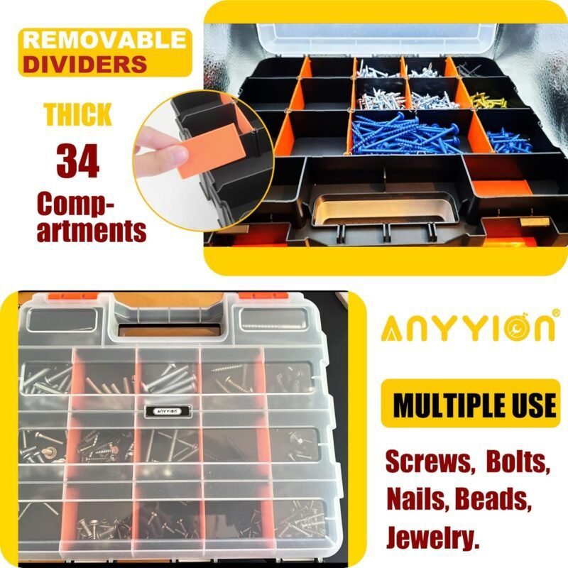 Anyyion Small Parts Organizer, 34-Compartments Double Side parts organizer with Removable Dividers for Hardware, Screws, Bolts, Nails, Beads, Jewelry More by Stalwart Anyyion Small Parts Organizer, 34-Compartments Double Side parts organizer with Removable Dividers for Hardware, Screws, Bolts, Nails, Beads, Jewelry More by Stalwart