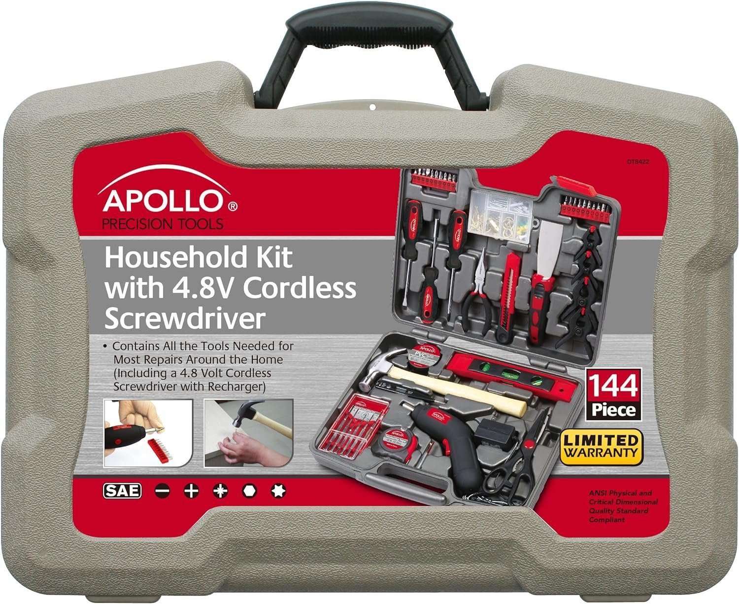 Apollo Tools 144 Piece Household Tool Set with Convenient Cordless Screwdriver and Most Used Tools in Sturdy Carrying Case for Home Repairs, DIY and Crafts - Red - DT8422 Apollo Tools 144 Piece Household Tool Set with Convenient Cordless Screwdriver and Most Used Tools in Sturdy Carrying Case for Home Repairs, DIY and Crafts - Red - DT8422