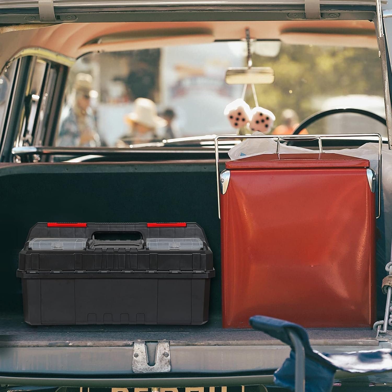 BIG RED AZ500R Torin Double Folding Multi-Function Portable Plastic Storage Tool Box with Removable Sheets, Organizer Tray and Clear Lid - Black/Red