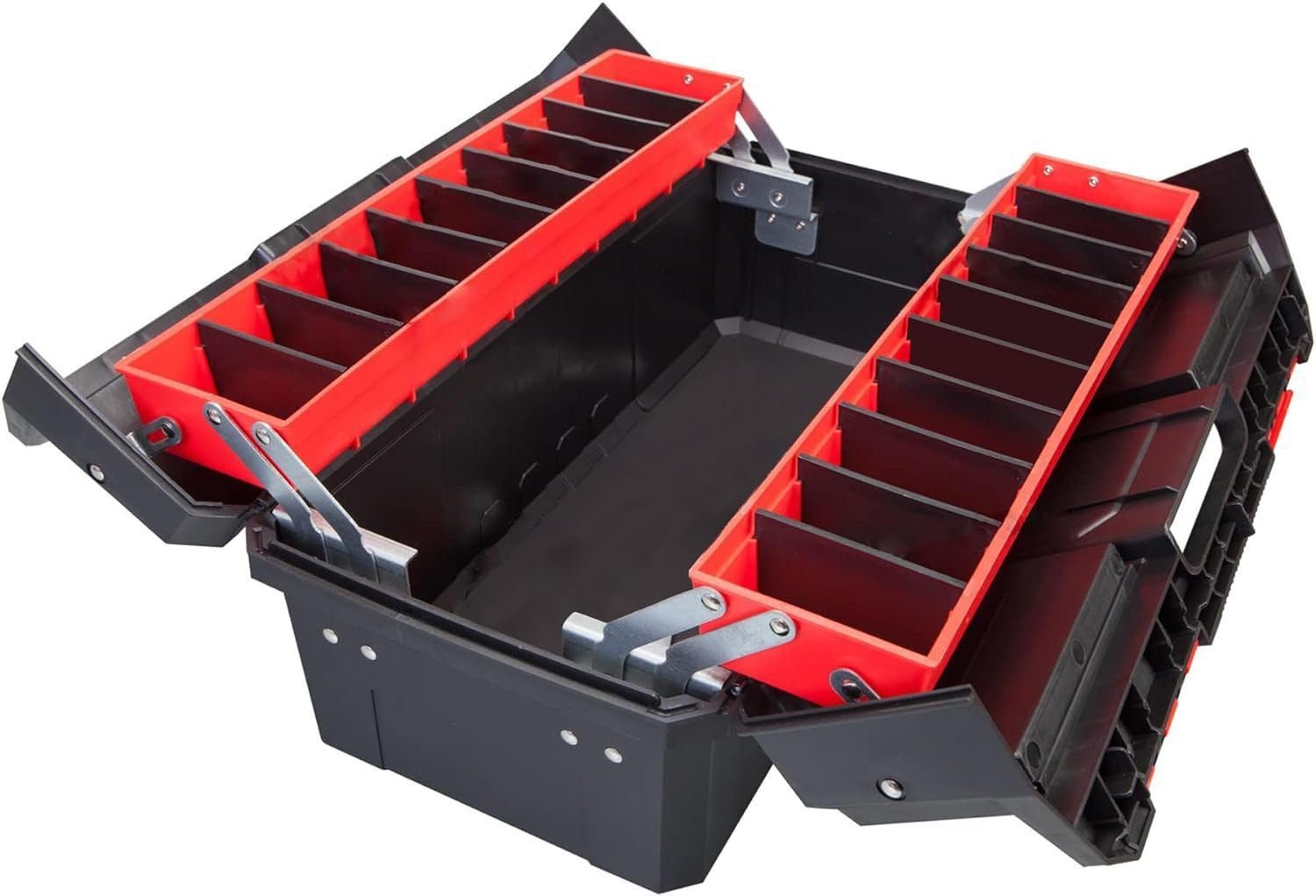 BIG RED AZ500R Torin Double Folding Multi-Function Portable Plastic Storage Tool Box with Removable Sheets, Organizer Tray and Clear Lid - Black/Red