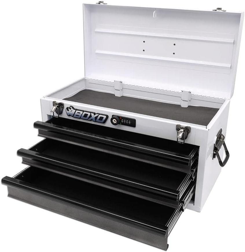 Boxo USA Hand Carry Tool Box 3-Drawer Heavy Duty Steel Toolbox with Lock System (White)