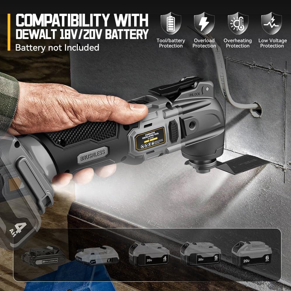 Cordless Oscillating Tool for Dewalt 20V Battery, 6 Variable Speed Brushless-Motor Tool, Oscillating Multi Tool Kit for Cutting Wood Drywall Nails Remove Grout Sanding(Battery Not Included) Cordless Oscillating Tool for Dewalt 20V Battery, 6 Variable Speed Brushless-Motor Tool, Oscillating Multi Tool Kit for Cutting Wood Drywall Nails Remove Grout Sanding(Battery Not Included)
