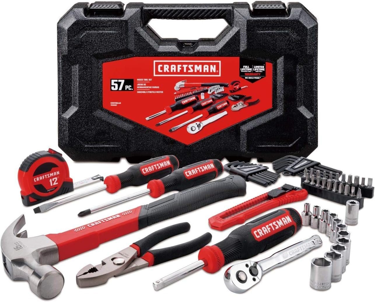 CRAFTSMAN Home Tool Kit / Mechanics Tool Set, 57-Piece, Hammer, Screwdrivers, Drill Bits, Sockets, Ratchet, Hex Keys, Tape Measure, Pliers and More (CMMT99446) CRAFTSMAN Home Tool Kit / Mechanics Tool Set, 57-Piece, Hammer, Screwdrivers, Drill Bits, Sockets, Ratchet, Hex Keys, Tape Measure, Pliers and More (CMMT99446)