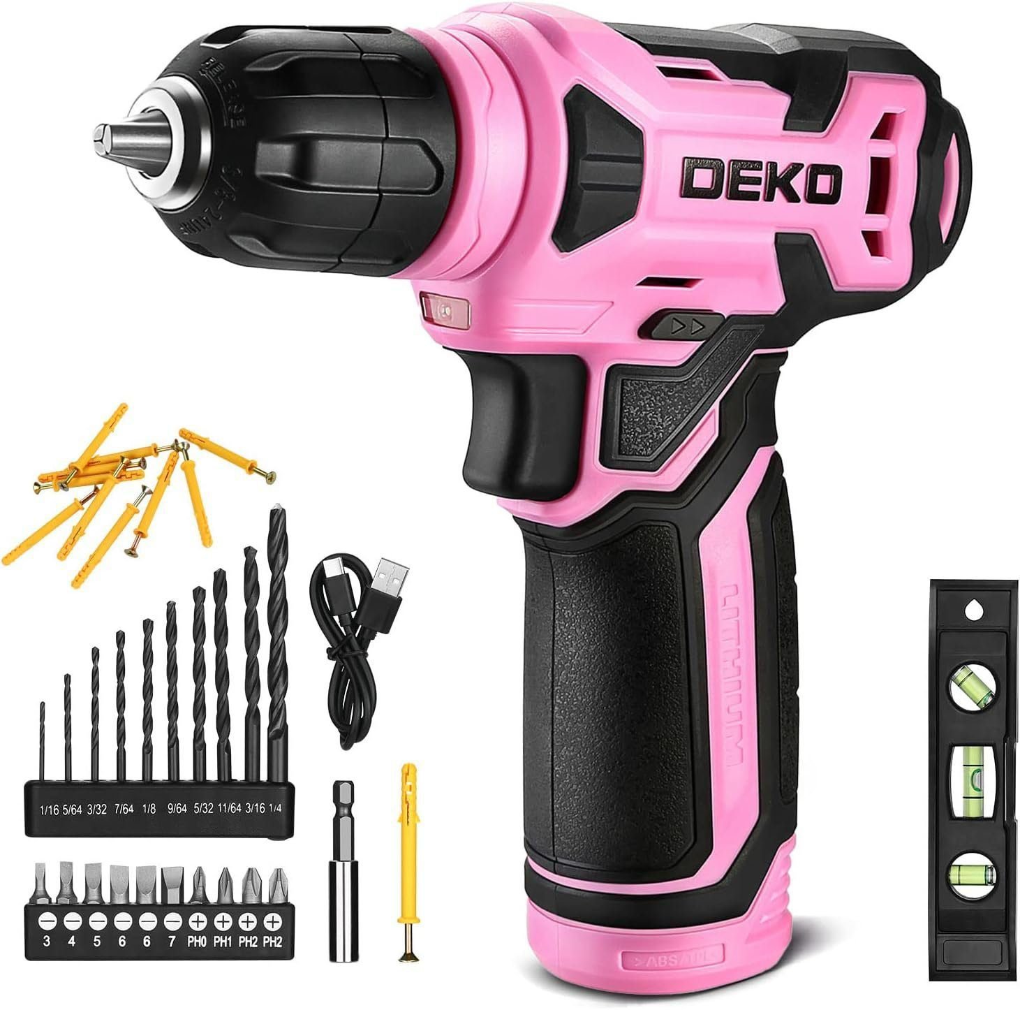 DEKO 8V Cordless Drill, Drill Set with 3/8Keyless Chuck, 42pcs Acessories, Built-in LED, Type-C Charge Cable, Pink Power Drill for Drilling and Tightening/Loosening Screws DEKO 8V Cordless Drill, Drill Set with 3/8Keyless Chuck, 42pcs Acessories, Built-in LED, Type-C Charge Cable, Pink Power Drill for Drilling and Tightening/Loosening Screws
