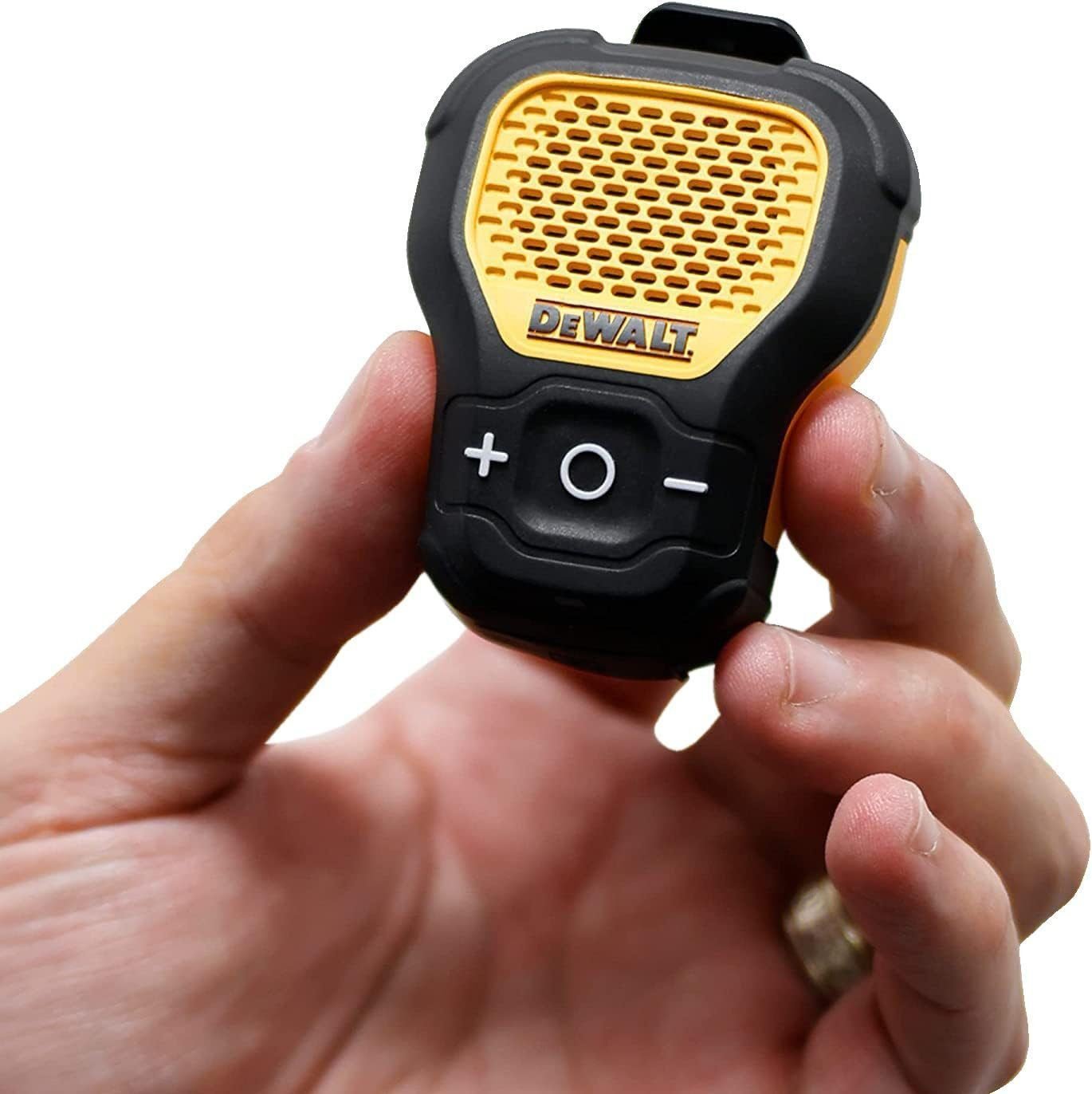 DEWALT Wearable Bluetooth Speaker — Magnetic Clip-On Wireless Jobsite Pro Water-Resistant Portable Speaker — Built-in Mic for Hands-Free Music and Calls,Black