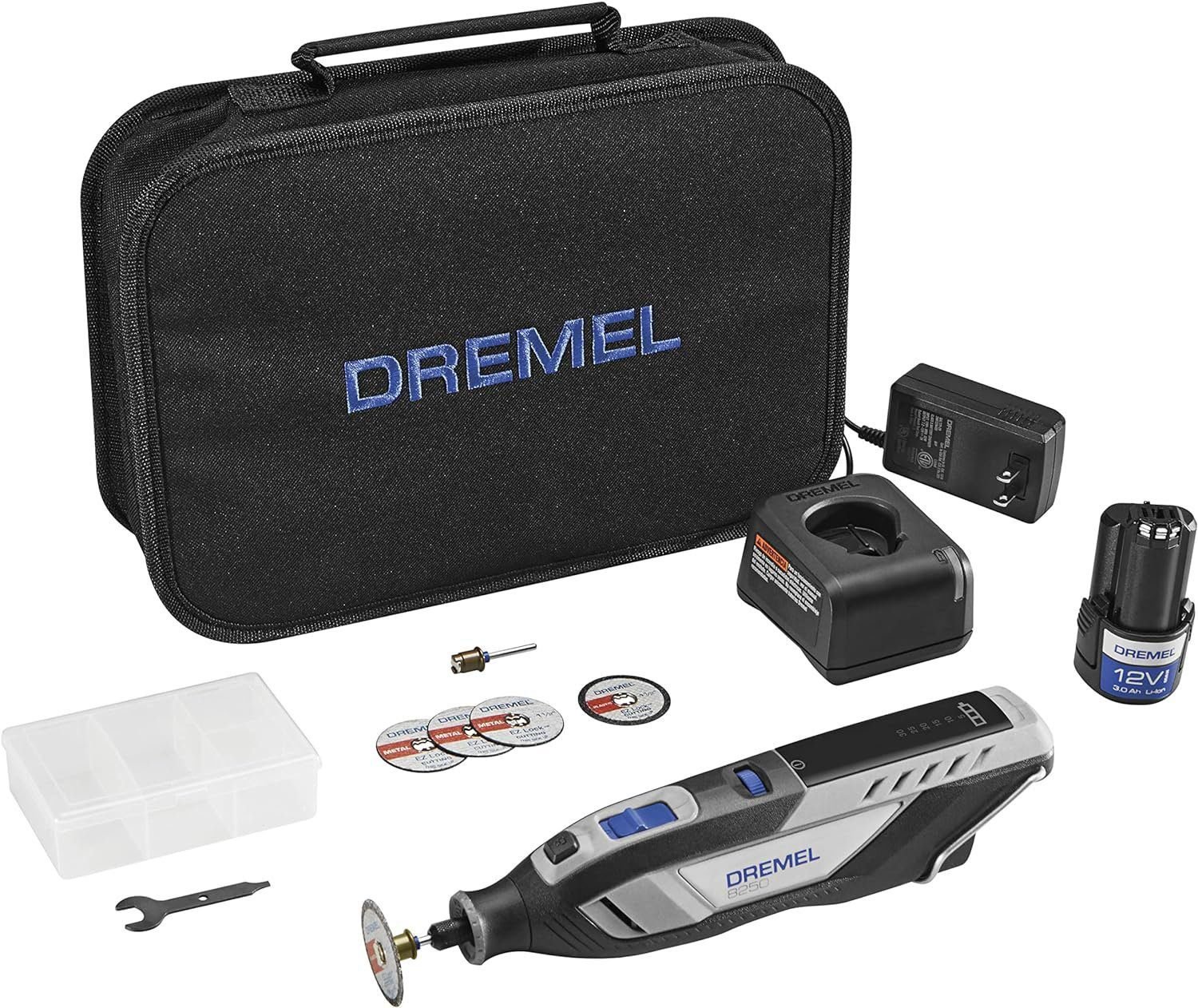 Dremel 8250 12V Lithium-Ion Variable Speed Cordless Rotary Tool with Brushless Motor, 5 Rotary Tool Accessories, 3Ah Battery, Charger, and Tool Bag Dremel 8250 12V Lithium-Ion Variable Speed Cordless Rotary Tool with Brushless Motor, 5 Rotary Tool Accessories, 3Ah Battery, Charger, and Tool Bag