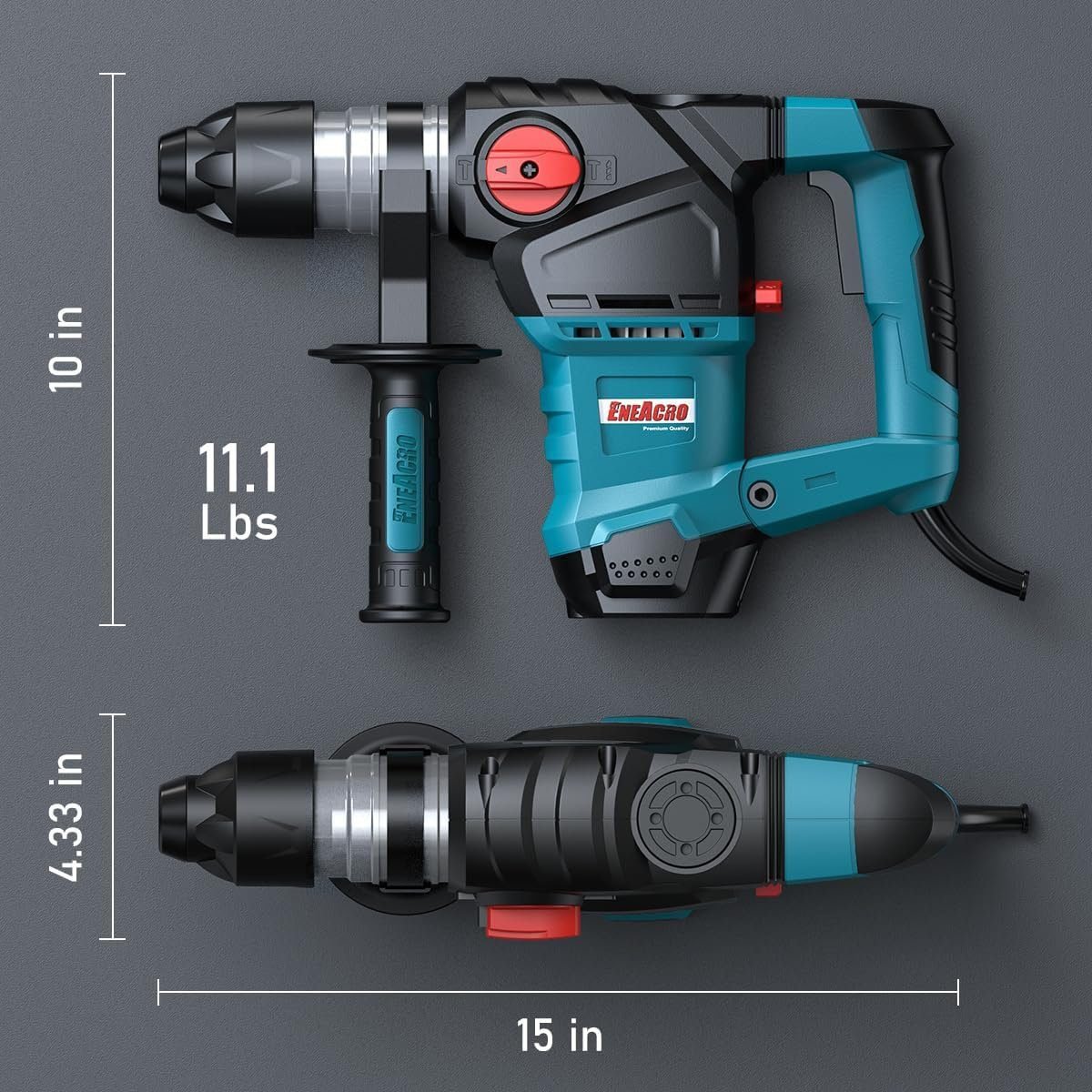 ENEACRO 1-1/4 Inch SDS-Plus 12.5 Amp Heavy Duty Rotary Hammer Drill, Safety Clutch 3 Functions with Vibration Control Including Grease, Chisels and Drill Bits with Case ENEACRO 1-1/4 Inch SDS-Plus 12.5 Amp Heavy Duty Rotary Hammer Drill, Safety Clutch 3 Functions with Vibration Control Including Grease, Chisels and Drill Bits with Case