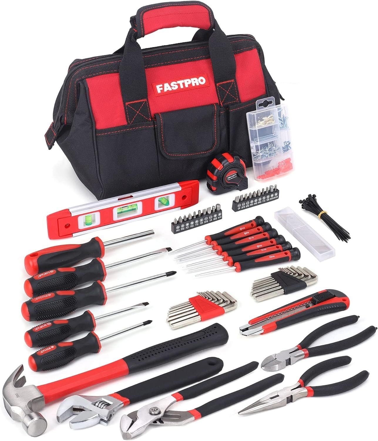 FASTPRO 215-Piece Home Repairing Tool Set with 12-Inch Wide Mouth Open Storage Bag,Household Hand Tool Kit,Red FASTPRO 215-Piece Home Repairing Tool Set with 12-Inch Wide Mouth Open Storage Bag,Household Hand Tool Kit,Red
