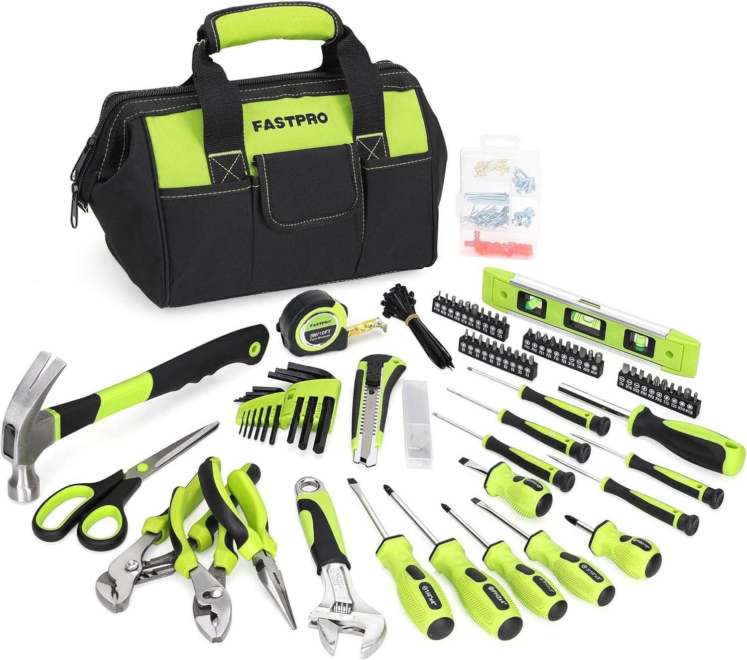 FASTPRO 220-Piece Home Tool Set, Household Repairing Tool Kit, with 12-Inch Wide Mouth Open Storage Tool Bag, Green FASTPRO 220-Piece Home Tool Set, Household Repairing Tool Kit, with 12-Inch Wide Mouth Open Storage Tool Bag, Green