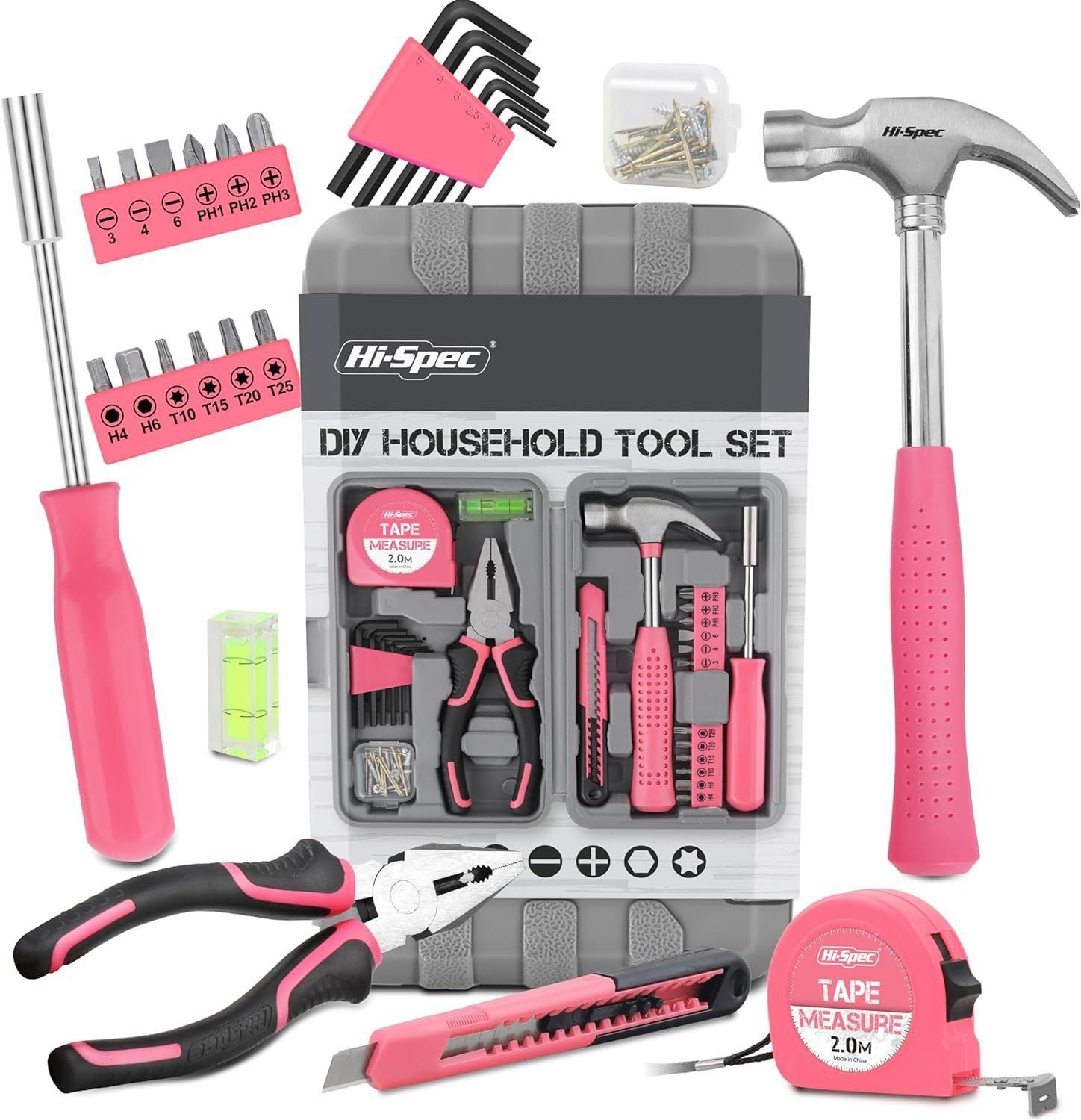 Hi-Spec 25pc Pink Household DIY Tool Kit for Women. Small Mini Tool Box Set of Starter Basic Ladies Tools For Home  Office