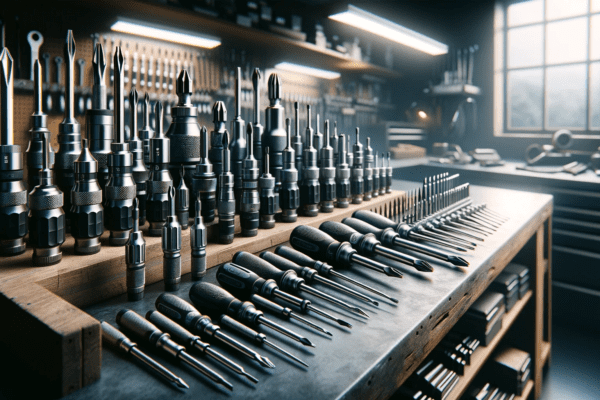 high-quality torque screwdrivers arranged artistically on a workshop bench.