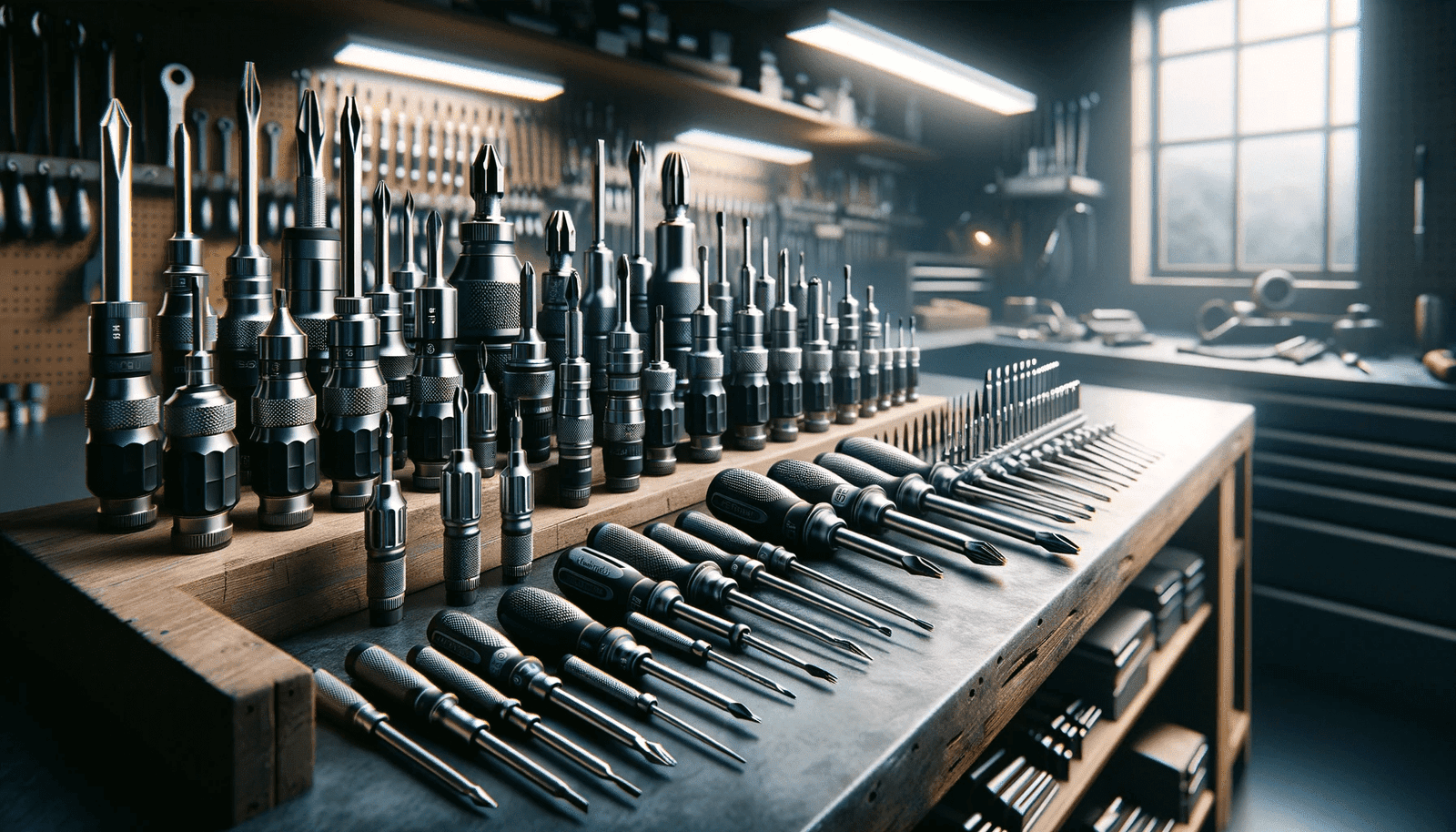 high-quality torque screwdrivers arranged artistically on a workshop bench.