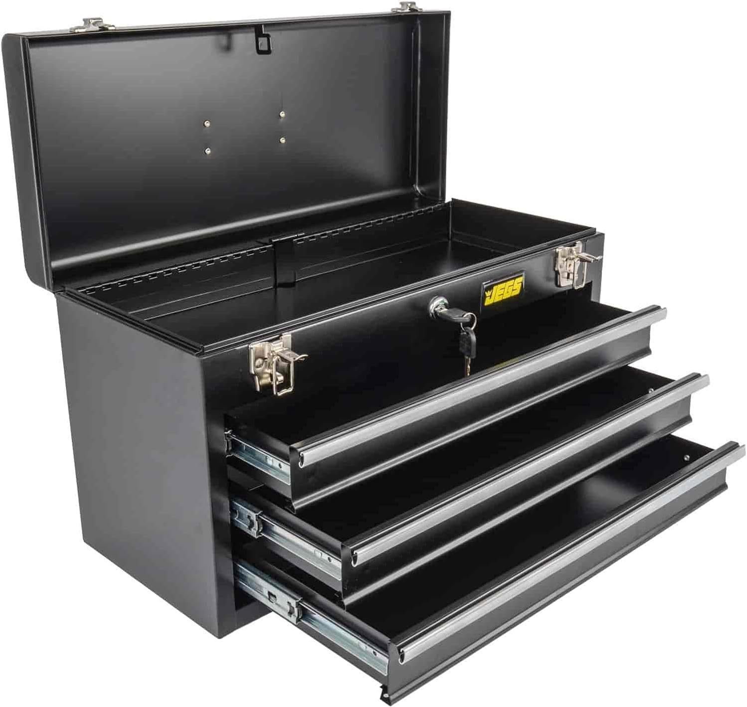 JEGS 3-Drawer Toolbox - Metal Toolbox with Ball-Bearing Drawer Slides - Rust-Resistant Latches - Black Powder Coat Finish - Includes Lock and Keys JEGS 3-Drawer Toolbox - Metal Toolbox with Ball-Bearing Drawer Slides - Rust-Resistant Latches - Black Powder Coat Finish - Includes Lock and Keys