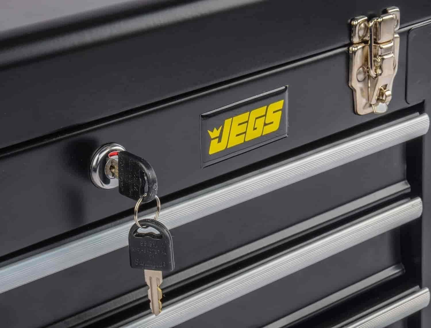 JEGS 3-Drawer Toolbox - Metal Toolbox with Ball-Bearing Drawer Slides - Rust-Resistant Latches - Black Powder Coat Finish - Includes Lock and Keys JEGS 3-Drawer Toolbox - Metal Toolbox with Ball-Bearing Drawer Slides - Rust-Resistant Latches - Black Powder Coat Finish - Includes Lock and Keys