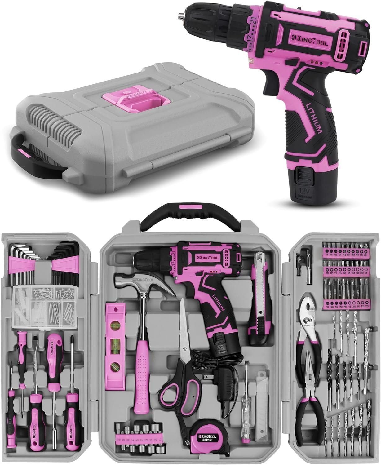 KingTool Home Tool Kit Set - 219 Pieces Pink Tool Kit with 12V Max Power Cordless Drill, Tool Kit for Women, Household Tool Set Kit with Power Drill for Home Office Garden Repair