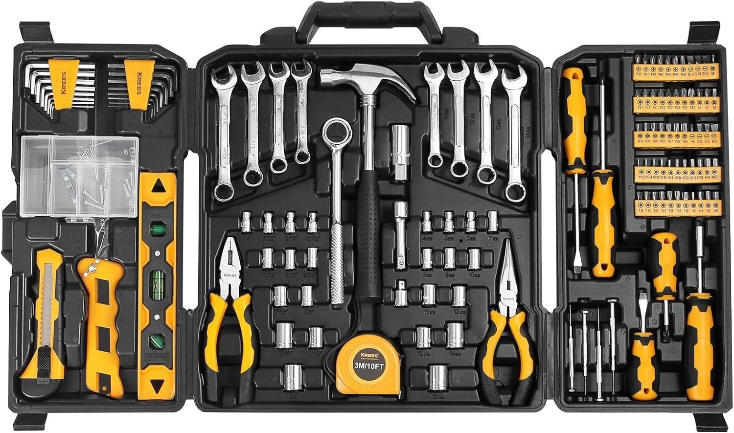 KREBS 168 Piece Hand Tool Kit and Tool Set, General Household Hand Tool Kit, Auto Repair Hand Tool Kit Wrench Tool Box Set with Plastic Storage Case, For Home Repairing  Maintenance