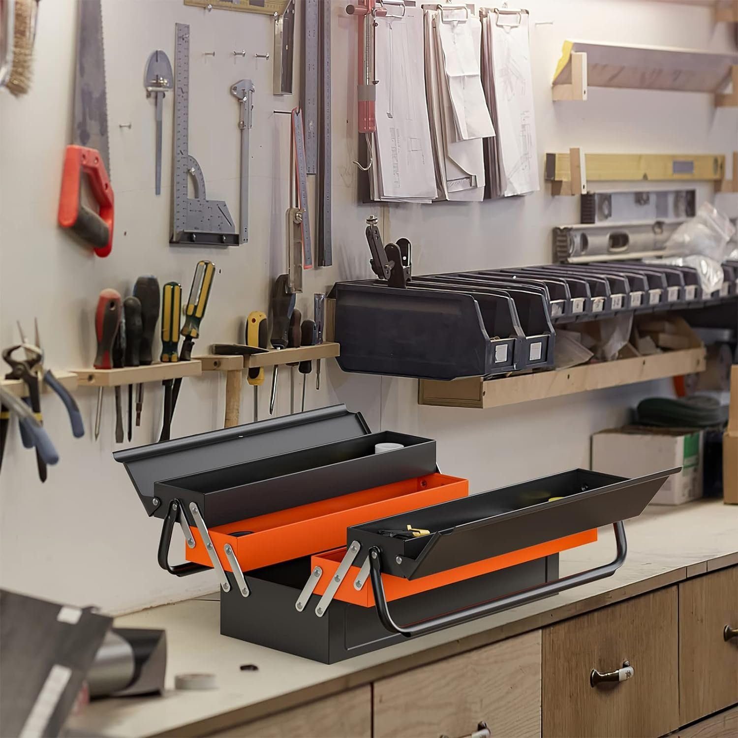 Nightcore 27” x 21” x 8.5” Metal Tool Box, 5-Tray Cantilever Tool Box with 3 Levels Fold Out Organizer Storage, Portable Folding Tool Organizer with Padlock Eyes