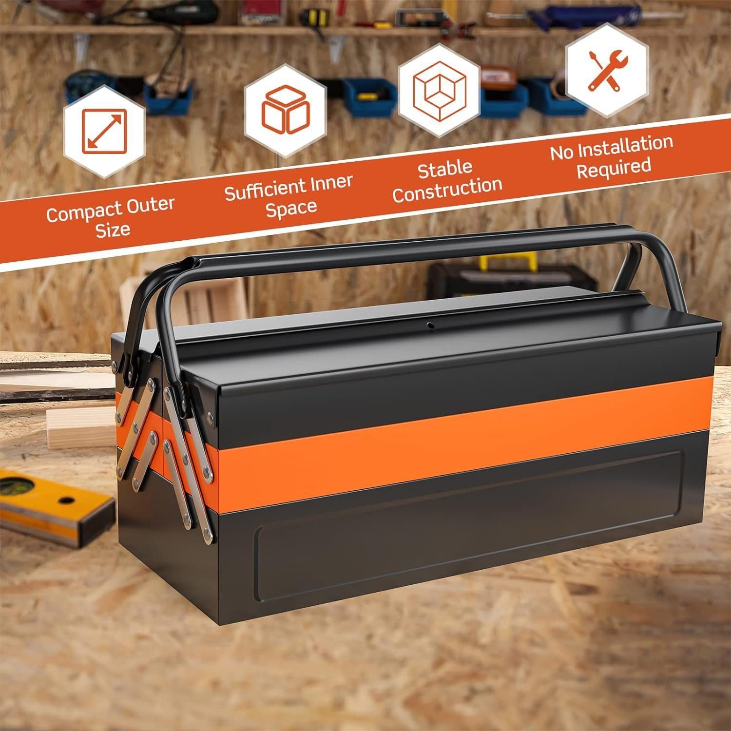 Nightcore 27” x 21” x 8.5” Metal Tool Box, 5-Tray Cantilever Tool Box with 3 Levels Fold Out Organizer Storage, Portable Folding Tool Organizer with Padlock Eyes