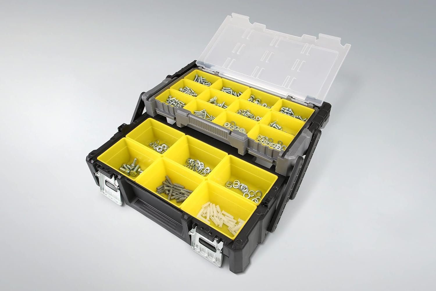 Olympia Tools 18 Inch Portable Plastic Cantilever Tool Box Organizer with Removable Compartments, Great Organization and Storage for Hardware, Assorted Nails, Dowels, Washers, Screws, Nuts and Bolts Olympia Tools 18 Inch Portable Plastic Cantilever Tool Box Organizer with Removable Compartments, Great Organization and Storage for Hardware, Assorted Nails, Dowels, Washers, Screws, Nuts and Bolts