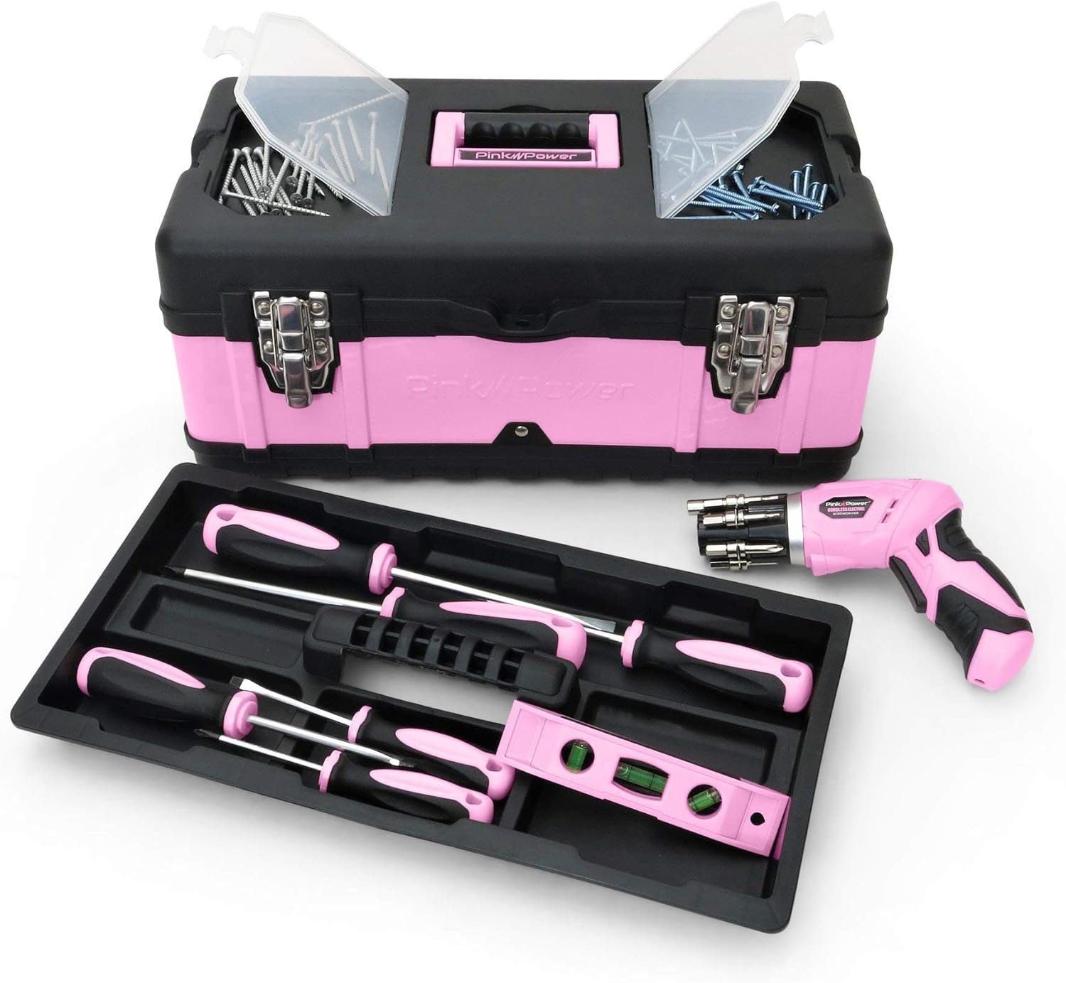 Pink Power Pink Tool Box for Women - 18 Small Metal Plastic Portable Lightweight Pink Locking Empty Toolbox Chest - Craft Tote Storage Tool Case Organizer for Ladies Pink Tool Set Kit Pink Power Pink Tool Box for Women - 18 Small Metal Plastic Portable Lightweight Pink Locking Empty Toolbox Chest - Craft Tote Storage Tool Case Organizer for Ladies Pink Tool Set Kit