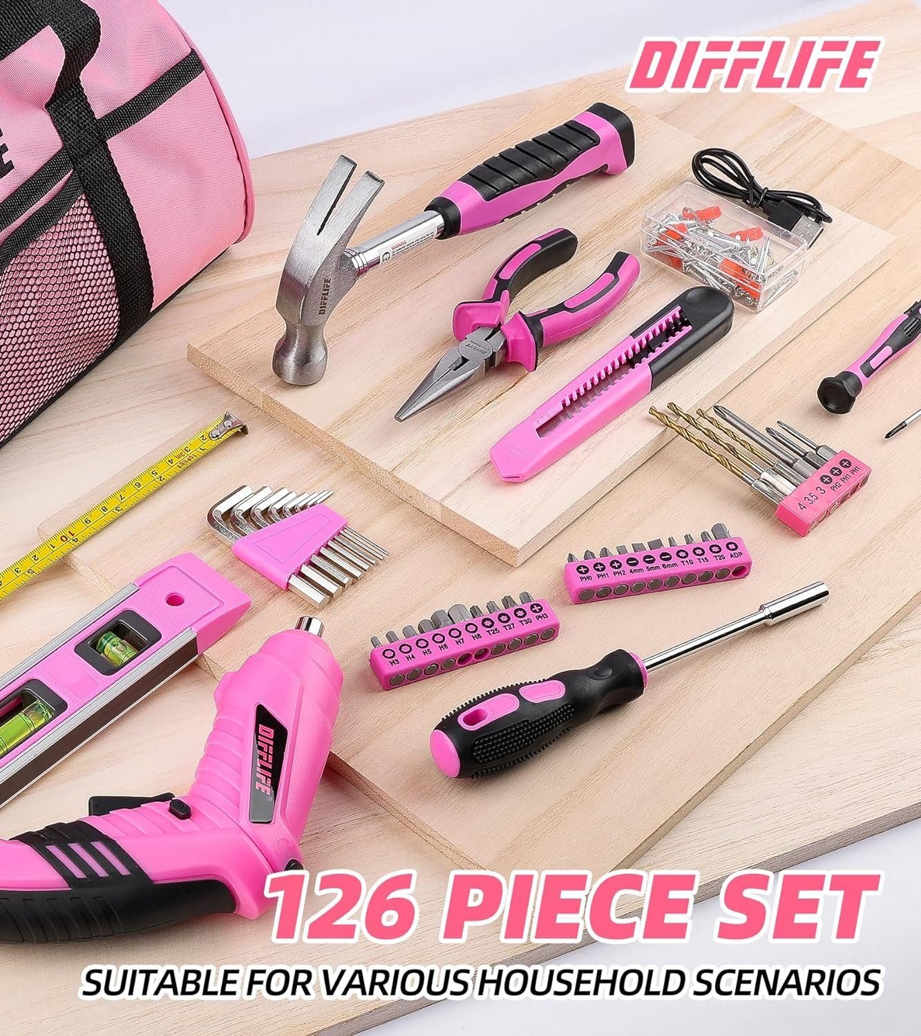 Pink Tool Set, 126-Piece Ladys Home Repairing Tool Kit with 13-Inch Wide Mouth Open Storage Tool Bag Pink Tool Set, 126-Piece Ladys Home Repairing Tool Kit with 13-Inch Wide Mouth Open Storage Tool Bag