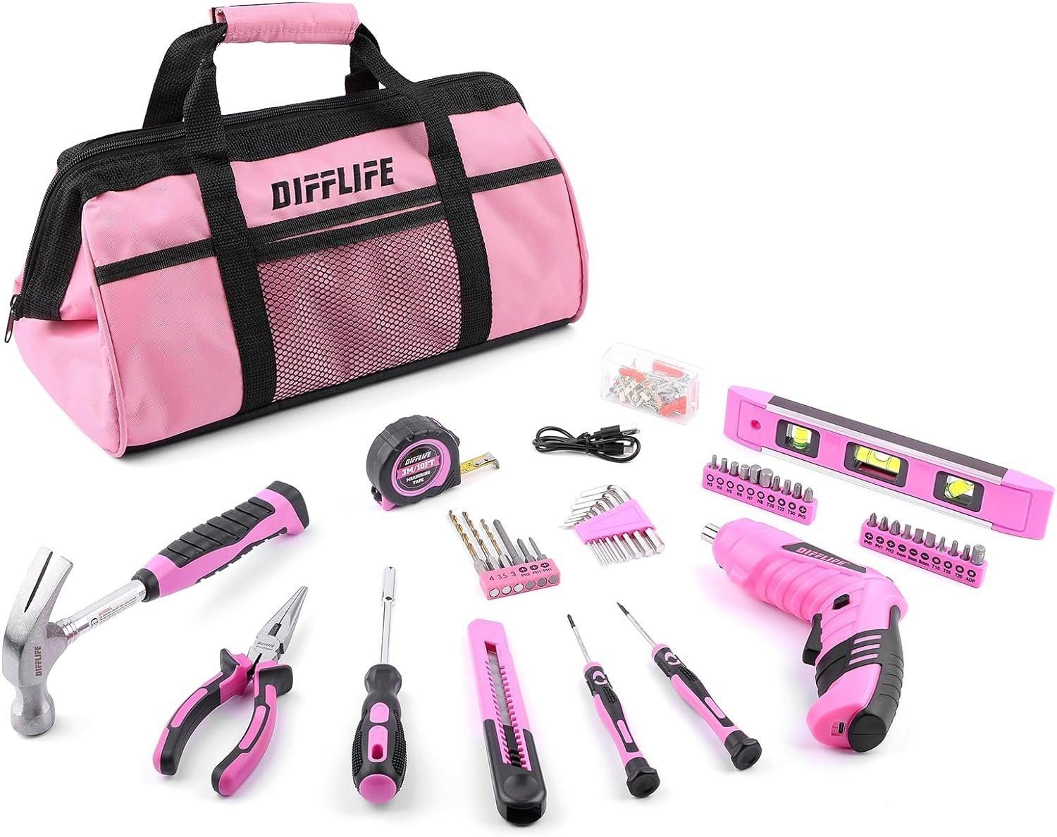 Pink Tool Set, 126-Piece Ladys Home Repairing Tool Kit with 13-Inch Wide Mouth Open Storage Tool Bag Pink Tool Set, 126-Piece Ladys Home Repairing Tool Kit with 13-Inch Wide Mouth Open Storage Tool Bag