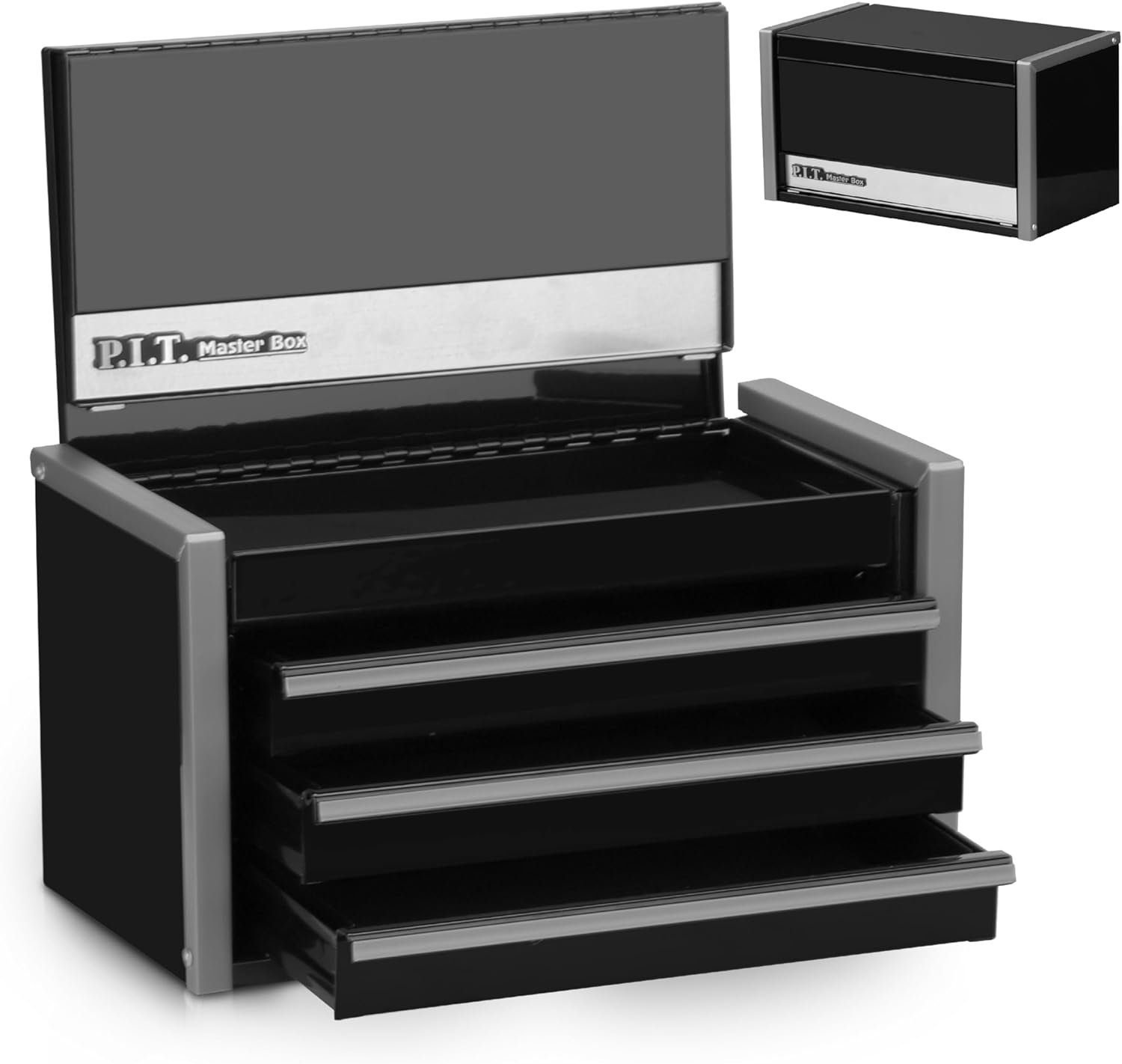 P.I.T. Mini Black Tool Box, Portable 3 Drawer Steel Tool Box with Magnetic Tab Locking, Black Micro Top Chest with Liner for Tools Storage, Home DIY P.I.T. Mini Black Tool Box, Portable 3 Drawer Steel Tool Box with Magnetic Tab Locking, Black Micro Top Chest with Liner for Tools Storage, Home DIY