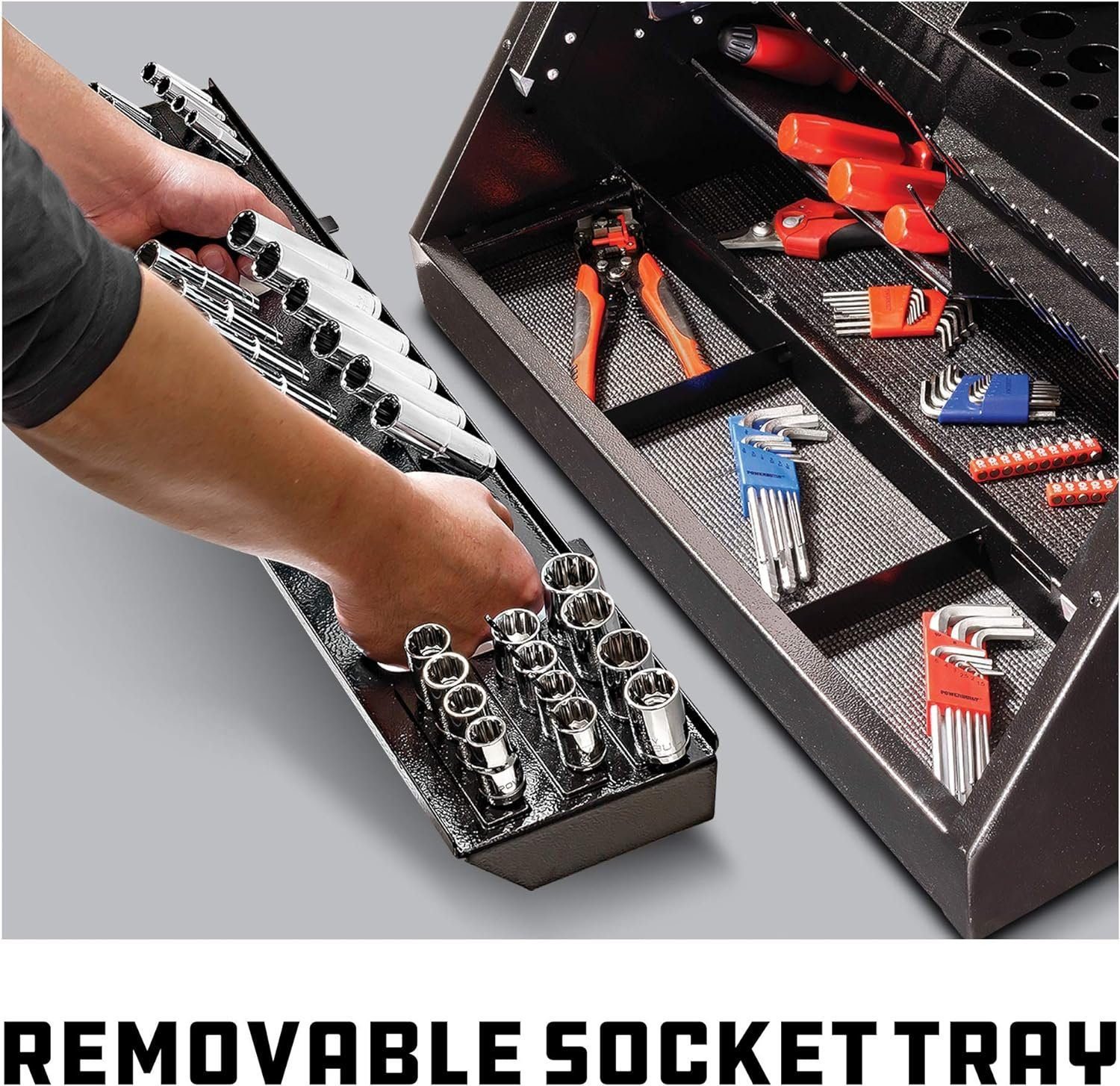 Powerbuilt 26 Inch Portable Slant Front Rapid Toolbox Tiered Stairstep Tool Holders, 16 Gauge Steel, Chrome Hardware, Weather-Resistant Lockable Polymer Lid, Grey, 240111 Powerbuilt 26 Inch Portable Slant Front Rapid Toolbox Tiered Stairstep Tool Holders, 16 Gauge Steel, Chrome Hardware, Weather-Resistant Lockable Polymer Lid, Grey, 240111