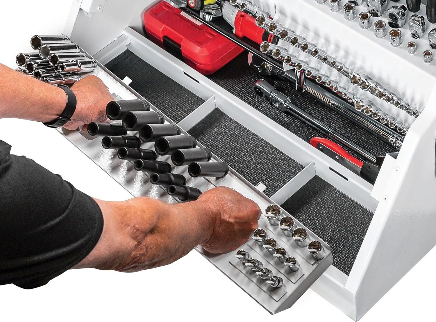 Powerbuilt 26 Inch Portable Slant Front Rapid Toolbox Tiered Stairstep Tool Holders, 16 Gauge Steel, Chrome Hardware, Weather-Resistant Lockable Polymer Lid, Grey, 240111 Powerbuilt 26 Inch Portable Slant Front Rapid Toolbox Tiered Stairstep Tool Holders, 16 Gauge Steel, Chrome Hardware, Weather-Resistant Lockable Polymer Lid, Grey, 240111