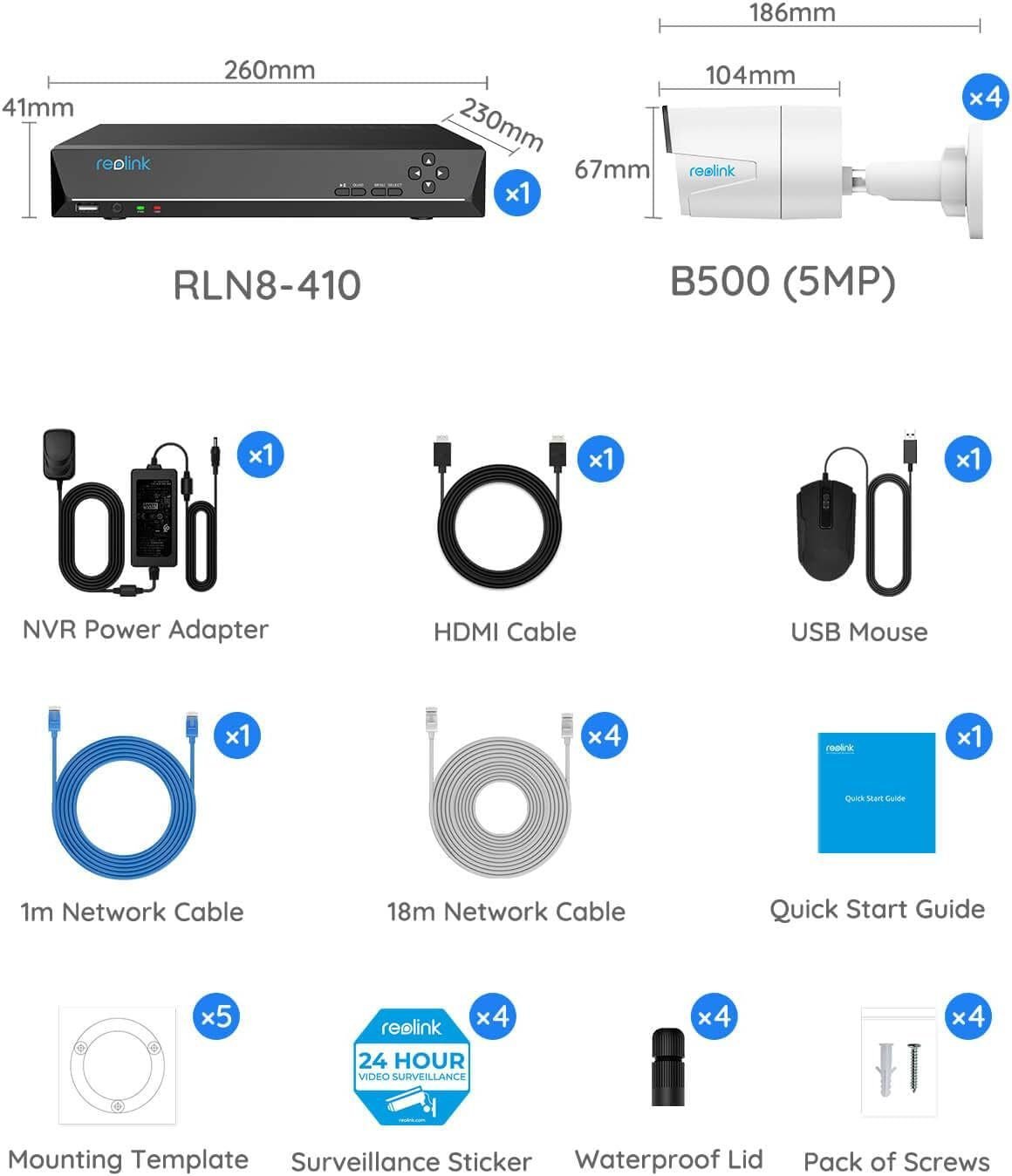 REOLINK 8CH 5MP Home Surveillance  Security Camera System, 4pcs Wired 5MP Outdoor PoE IP Cameras with Person Vehicle Detection, 4K 8CH NVR with 2TB HDD for 24-7 Recording, RLK8-410B4-5MP White