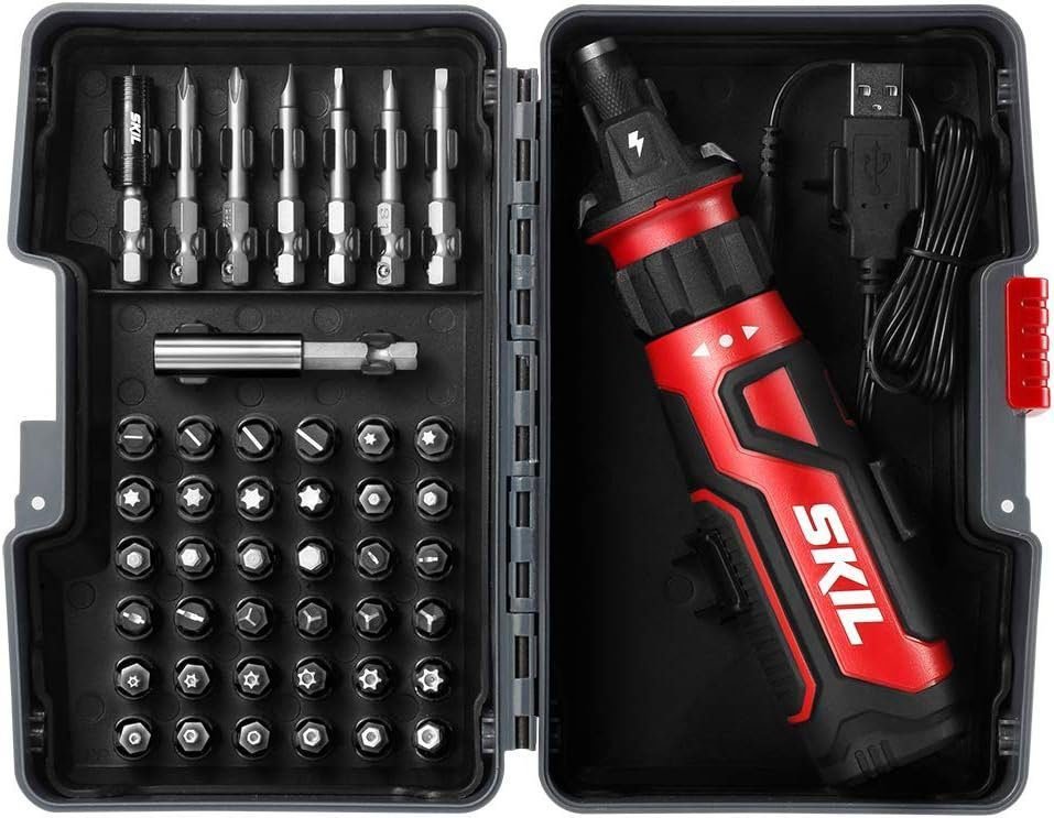 SKIL Rechargeable 4V Cordless Screwdriver with Circuit Sensor Technology Includes 45pcs Bit Set, USB Charging Cable, Carrying Case - SD561204 SKIL Rechargeable 4V Cordless Screwdriver with Circuit Sensor Technology Includes 45pcs Bit Set, USB Charging Cable, Carrying Case - SD561204