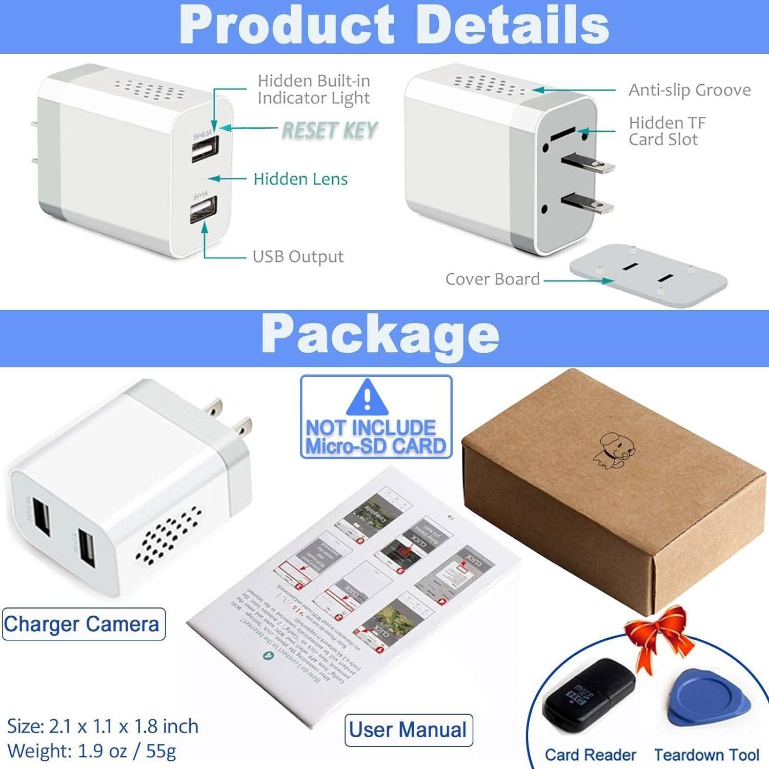 Spy Camera Hidden Camera - WiFi Hidden Camera Charger with Remote View- HD 1080P - Spy Cam - Nanny Cam Hidden Camera - Small Secret Camera - Premium Indoor Hidden Security Camera- Motion Detection