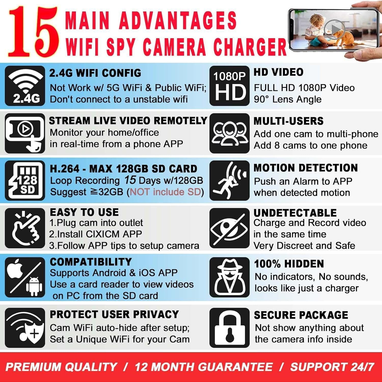 Spy Camera Hidden Camera - WiFi Hidden Camera Charger with Remote View- HD 1080P - Spy Cam - Nanny Cam Hidden Camera - Small Secret Camera - Premium Indoor Hidden Security Camera- Motion Detection